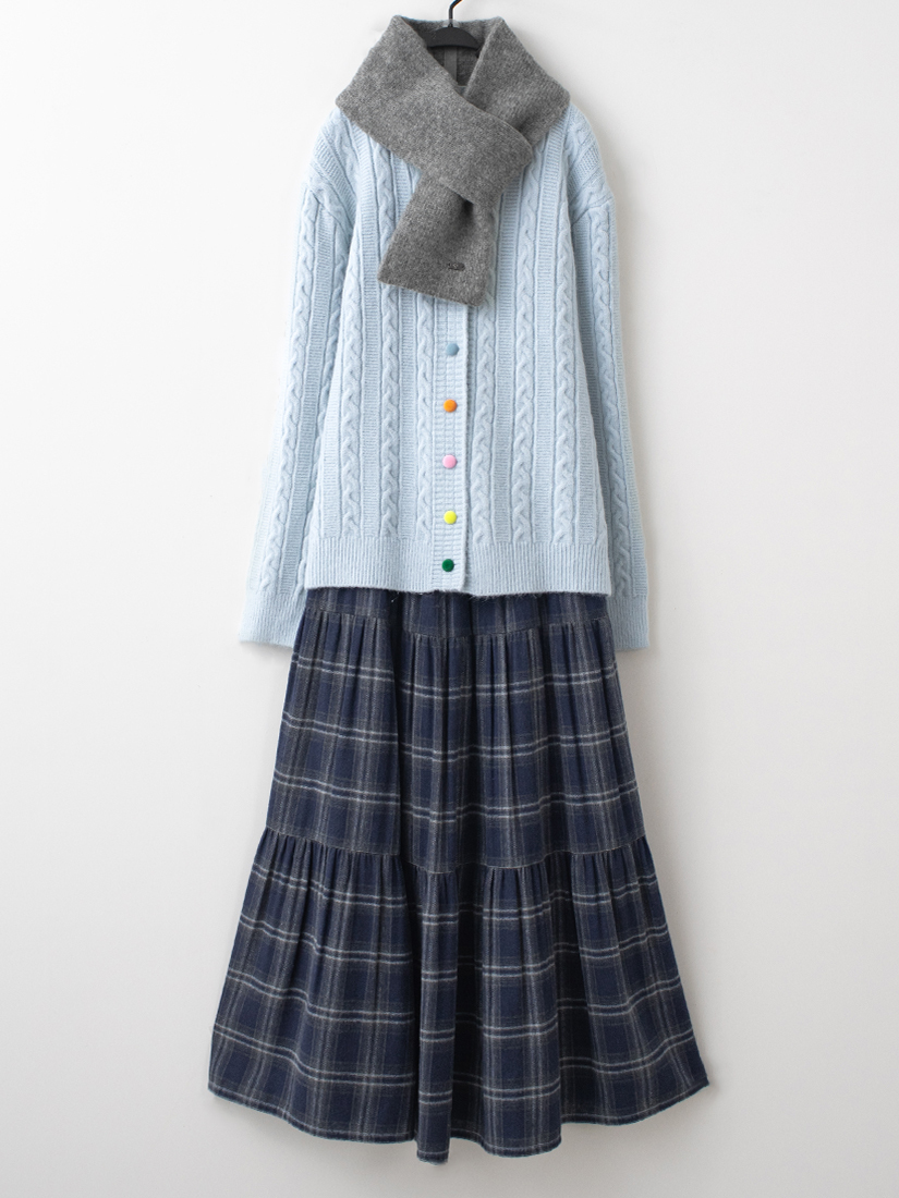 麻花織紋針織上衣格紋法蘭絨蛋糕長裙組合