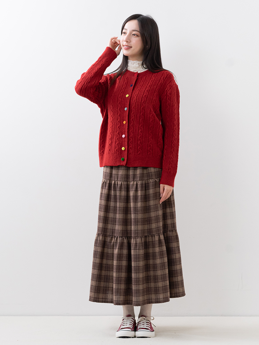 彩色絨釦針織上衣木耳邊內搭法蘭絨長裙組合