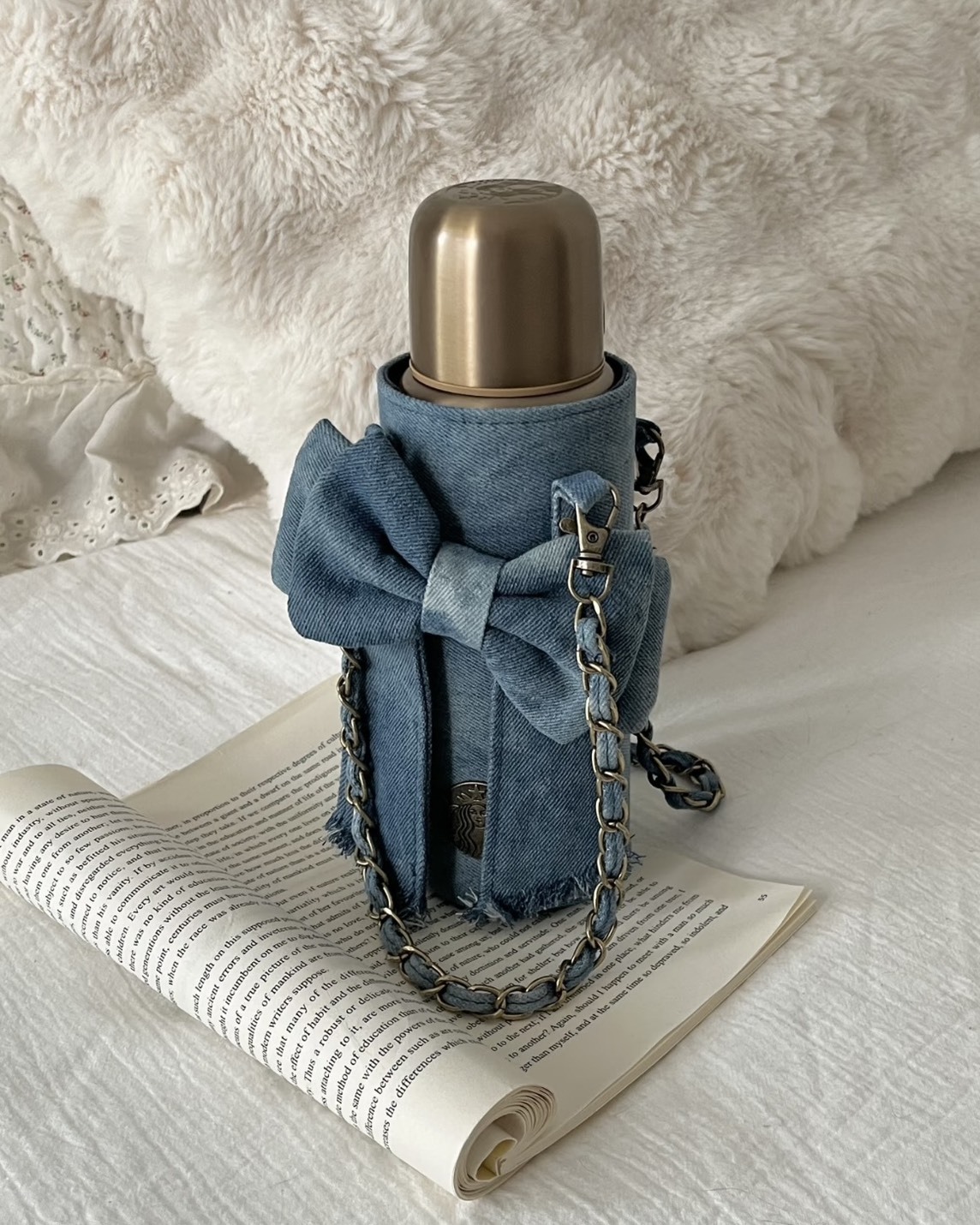 <超限量>STARBUCKS 星巴克 COFFEE WORK 丹寧 鏈條 蝴蝶結杯袋 保溫杯 460ML