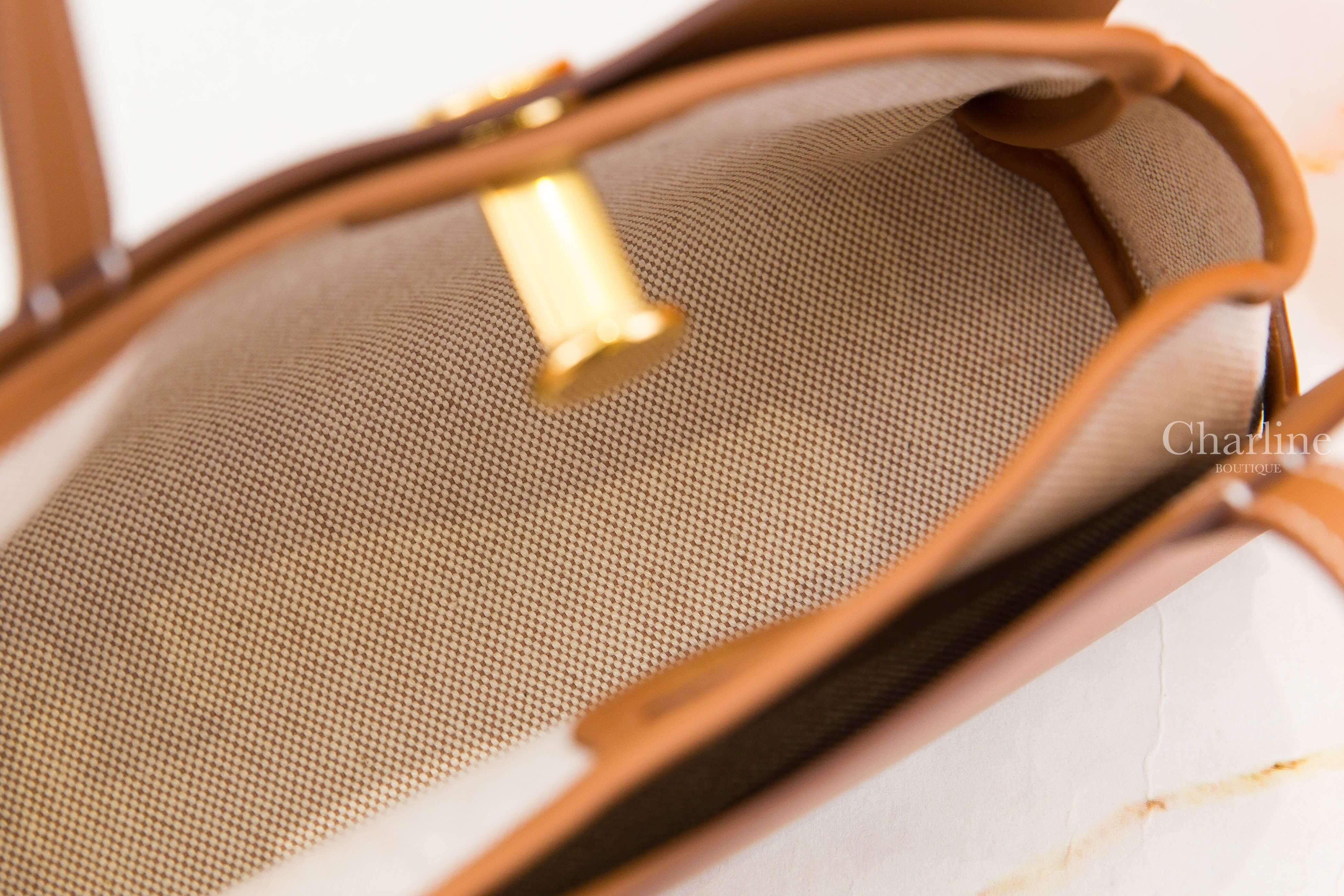 Hermès Tablier Sellier Bag 37 Gold Swift / Canvas 焦糖色金釦可拆式淡褐色/米白色/米色帆布內袋手提肩背包-Charline Boutique 精品代購