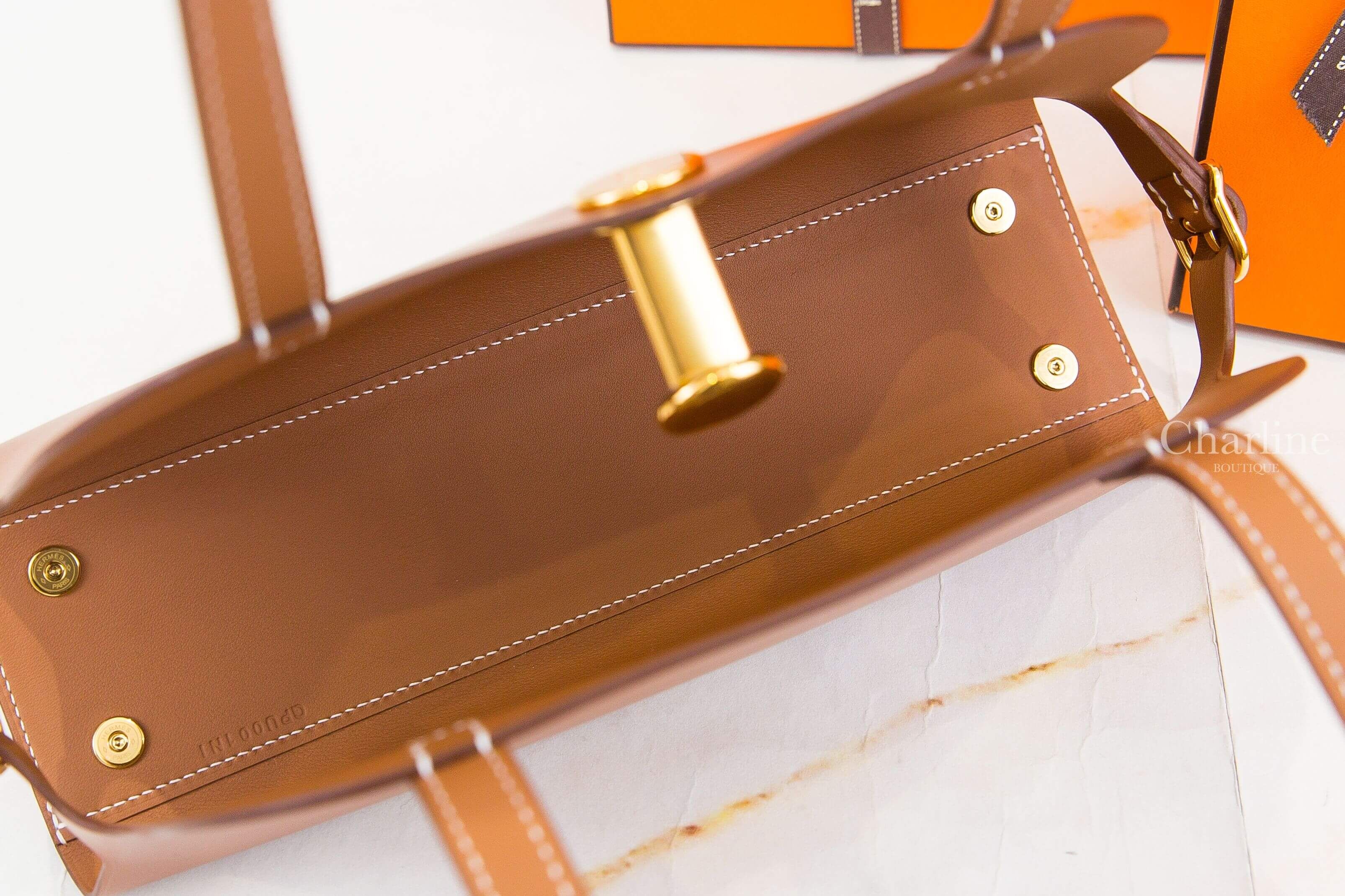 Hermès Tablier Sellier Bag 37 Gold Swift / Canvas 焦糖色金釦可拆式淡褐色/米白色/米色帆布內袋手提肩背包-Charline Boutique 精品代購