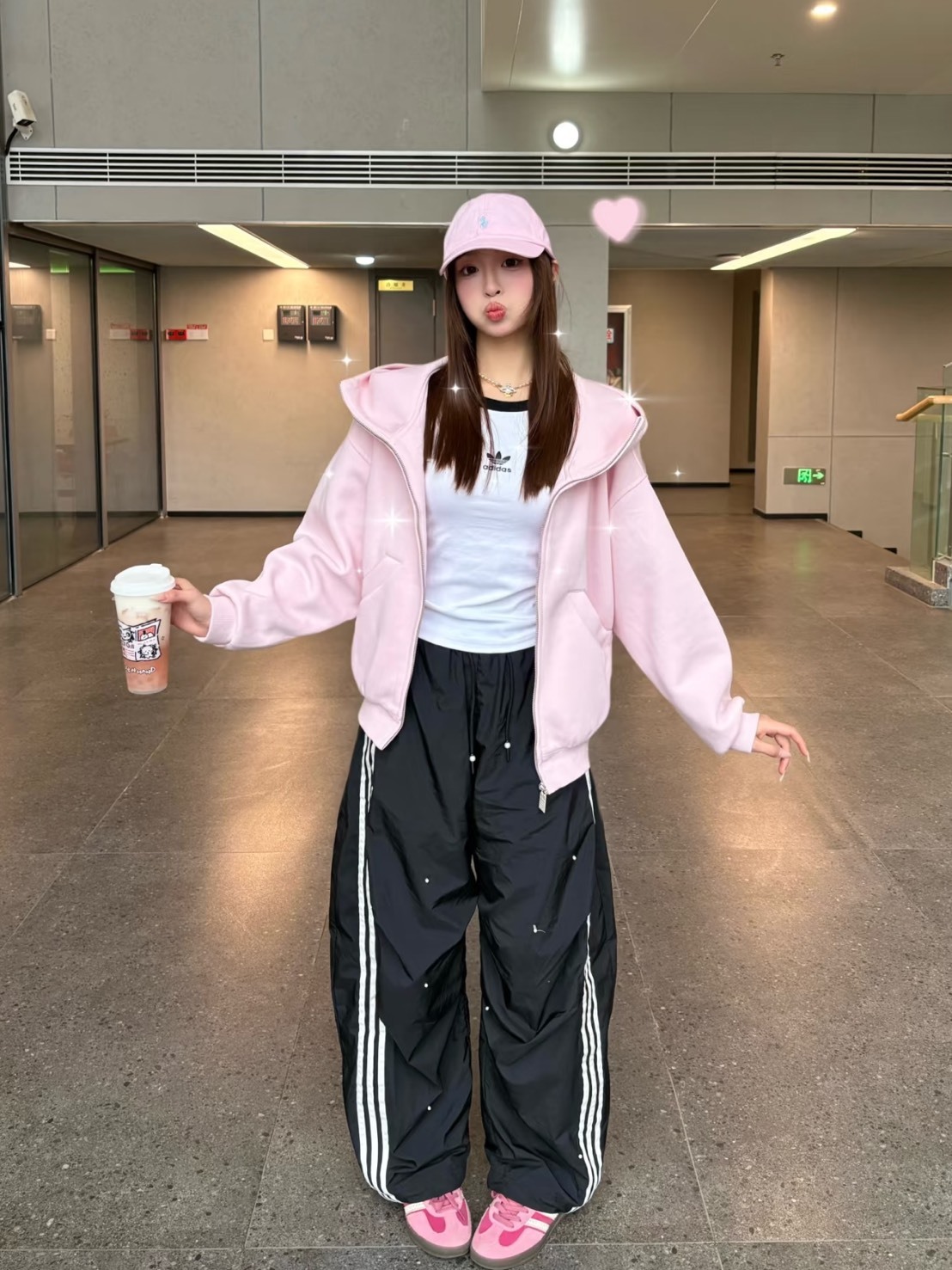 ADIDAS ORIGINA 宋雨琦同款 緞面珍珠 工裝闊腿褲