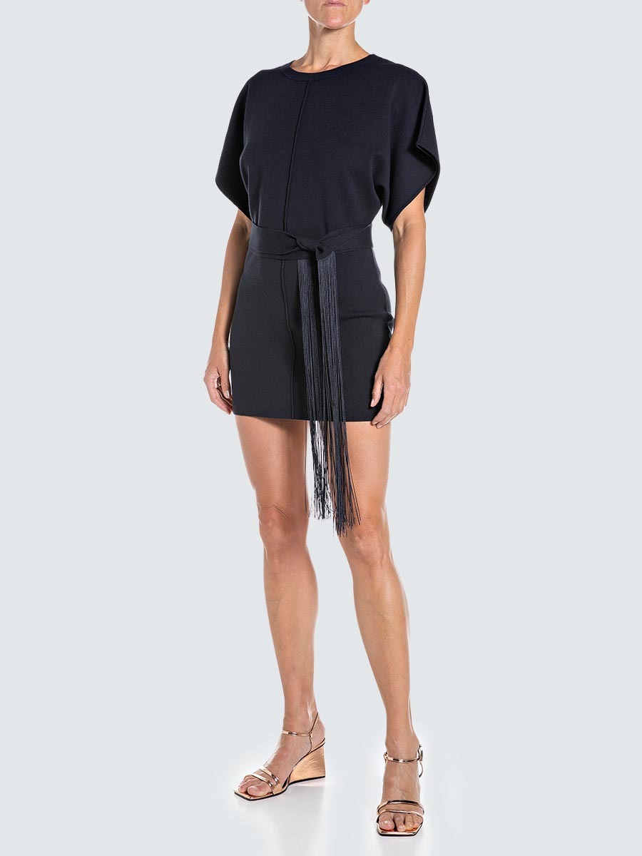 藍色流蘇綁帶短版洋裝