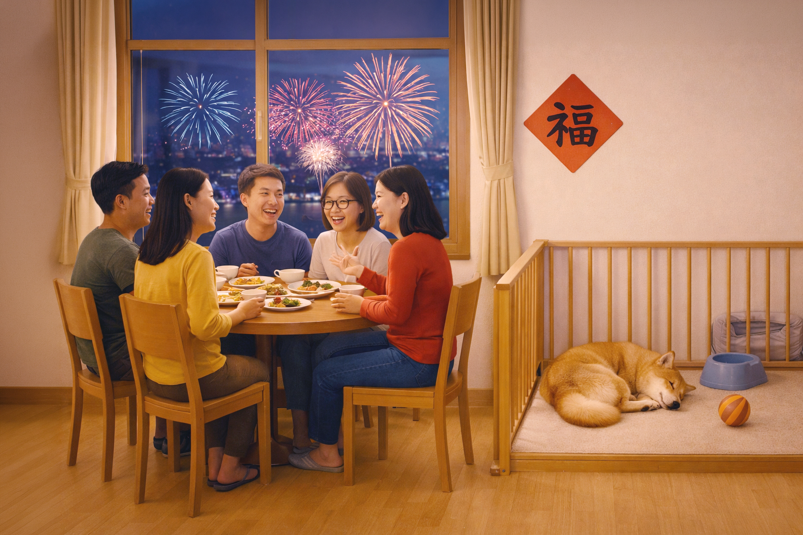 外面放鞭炮、放煙火時，把毛孩安置在較內側房間，拉上窗簾，關窗降造。為狗狗貓貓創造毛孩安全區。