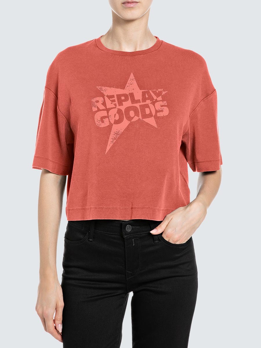 蜜桃色短版oversized 文字印花T-shirt