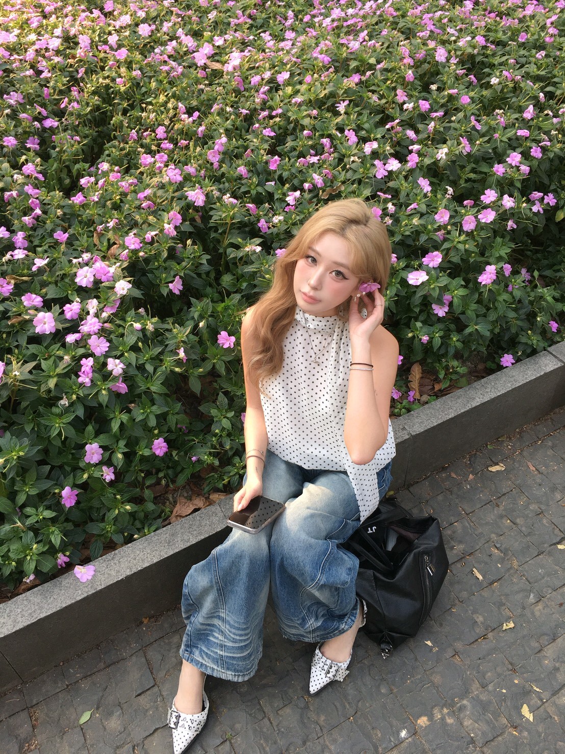 波點綁帶網紗背心 / 白底黑點