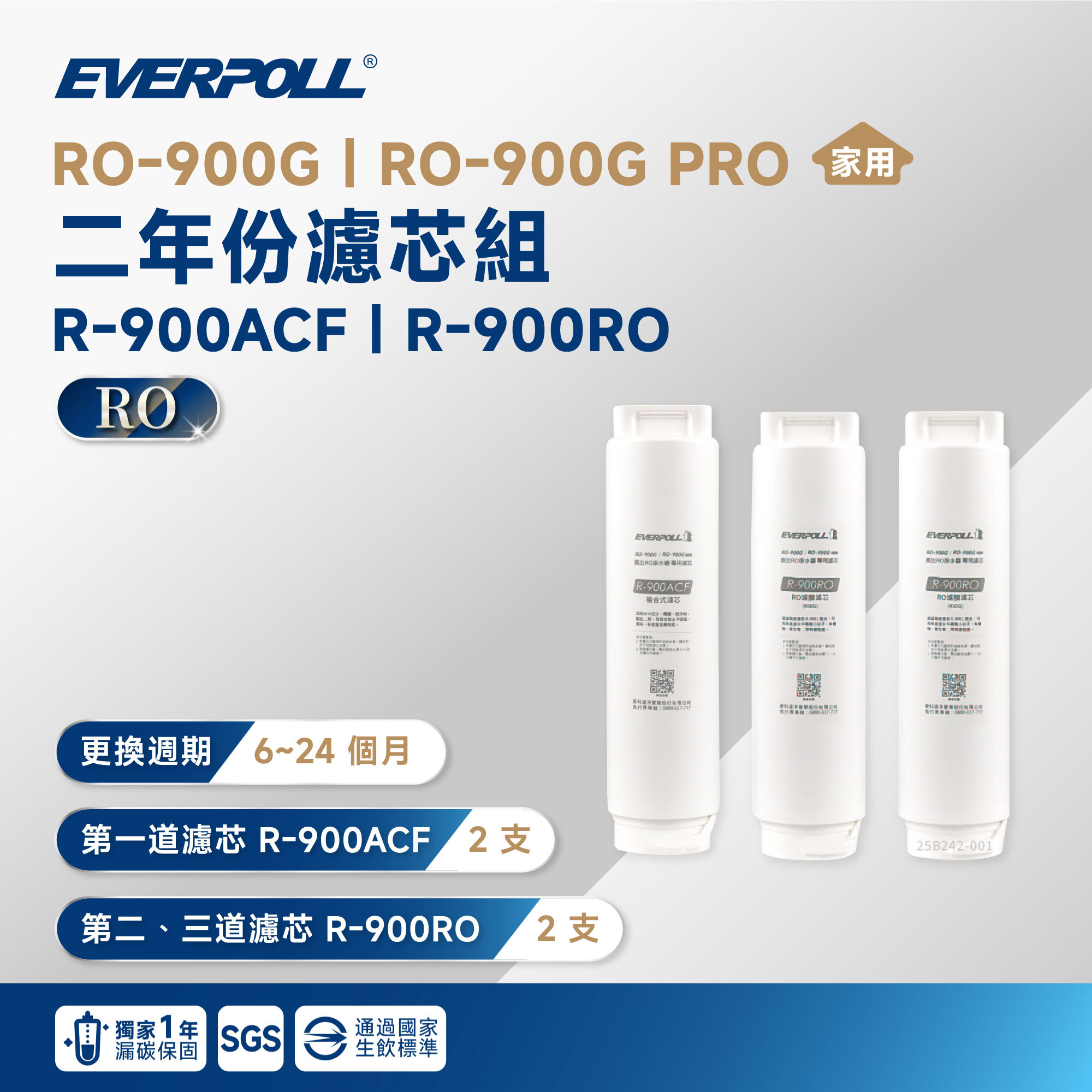 【EVERPOLL 愛科】RO-900G｜RO-900G PRO 二年份濾芯組 R-900ACF｜R-900RO