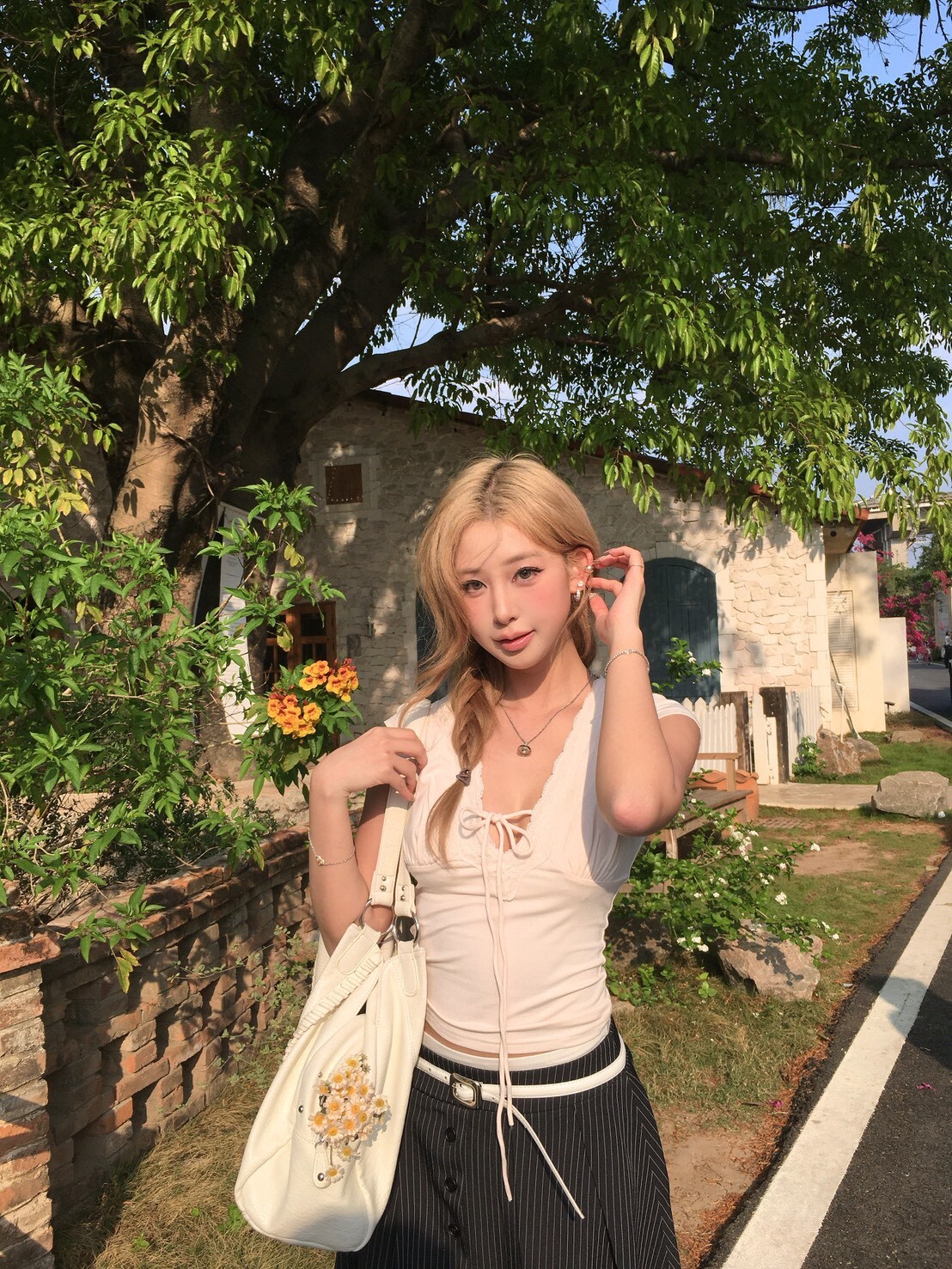 法式純欲蕾絲短袖上衣/淡粉色