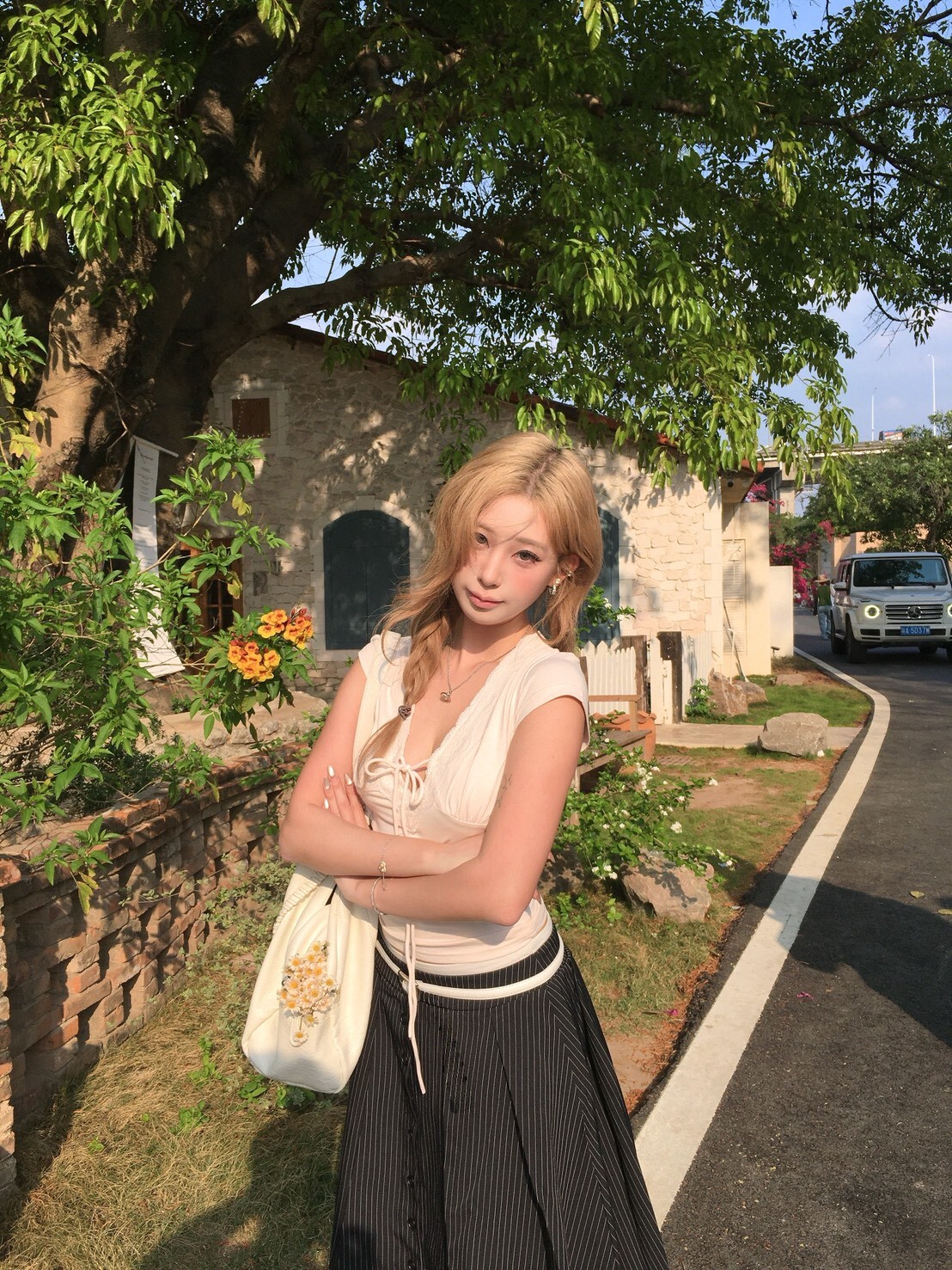 法式純欲蕾絲短袖上衣/淡粉色