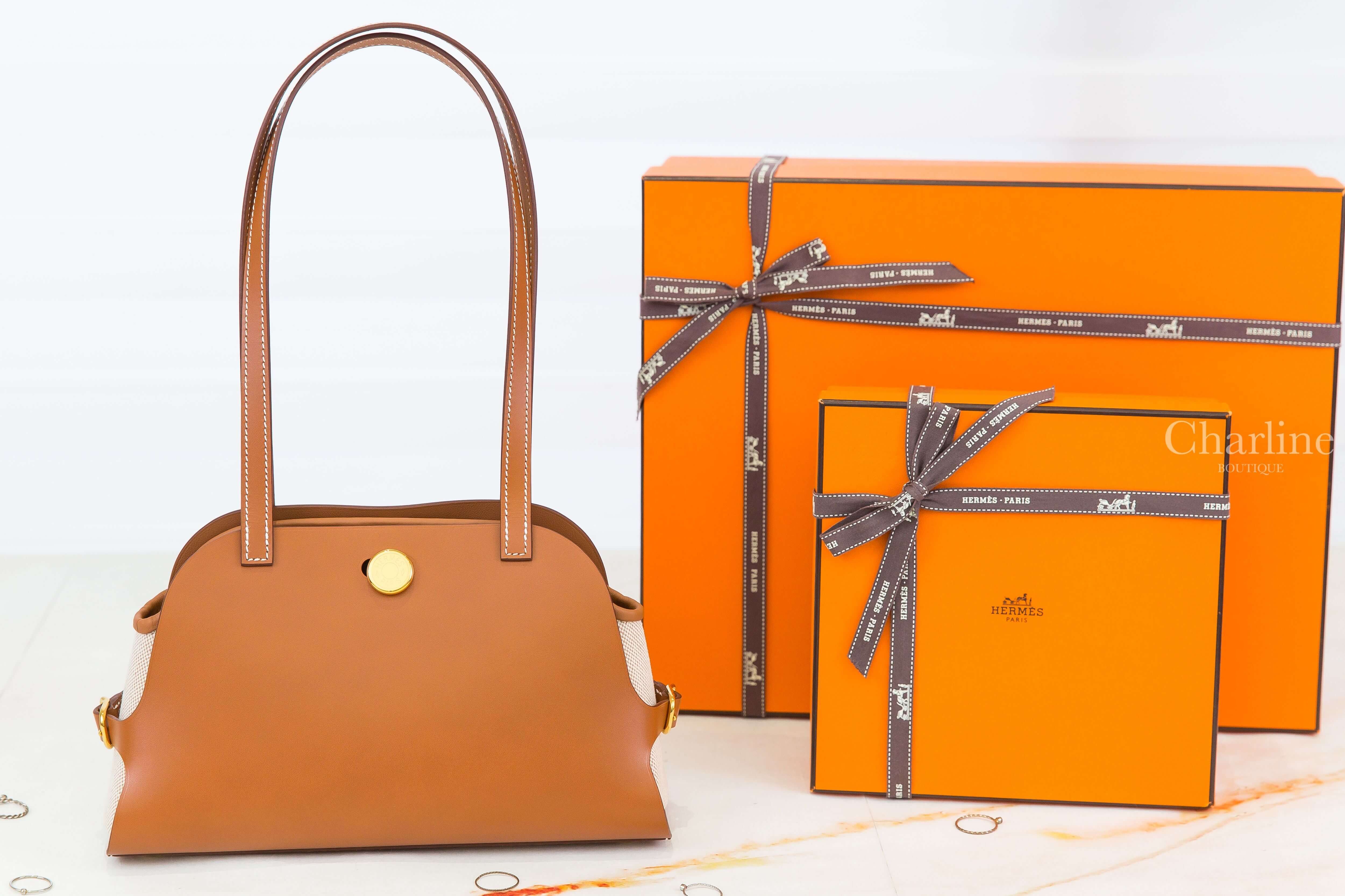 Hermès Tablier Sellier Bag 37 Gold Swift / Canvas 焦糖色金釦可拆式淡褐色/米白色/米色帆布內袋手提肩背包