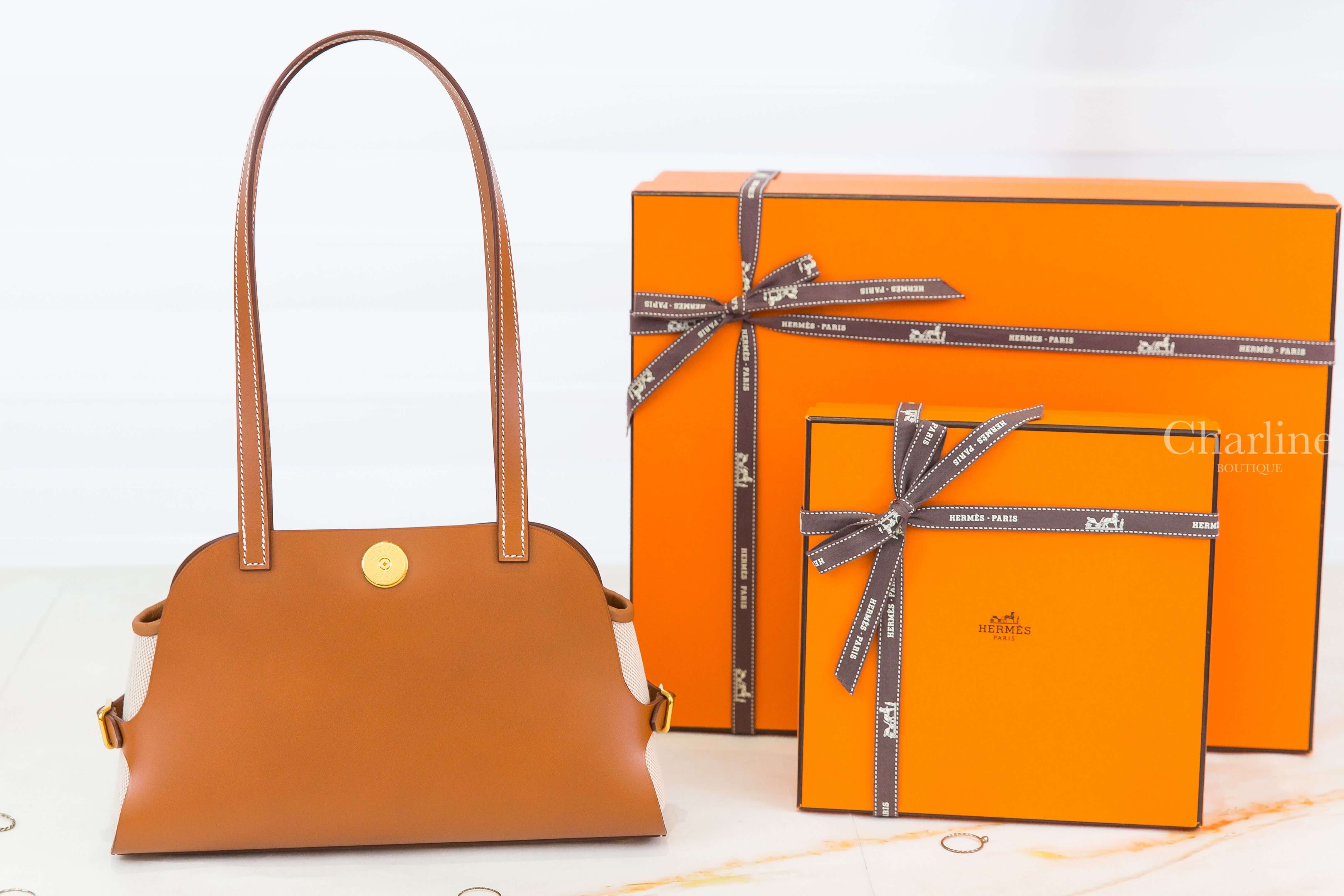 Hermès Tablier Sellier Bag 37 Gold Swift / Canvas 焦糖色金釦可拆式淡褐色/米白色/米色帆布內袋手提肩背包-Charline Boutique 精品代購