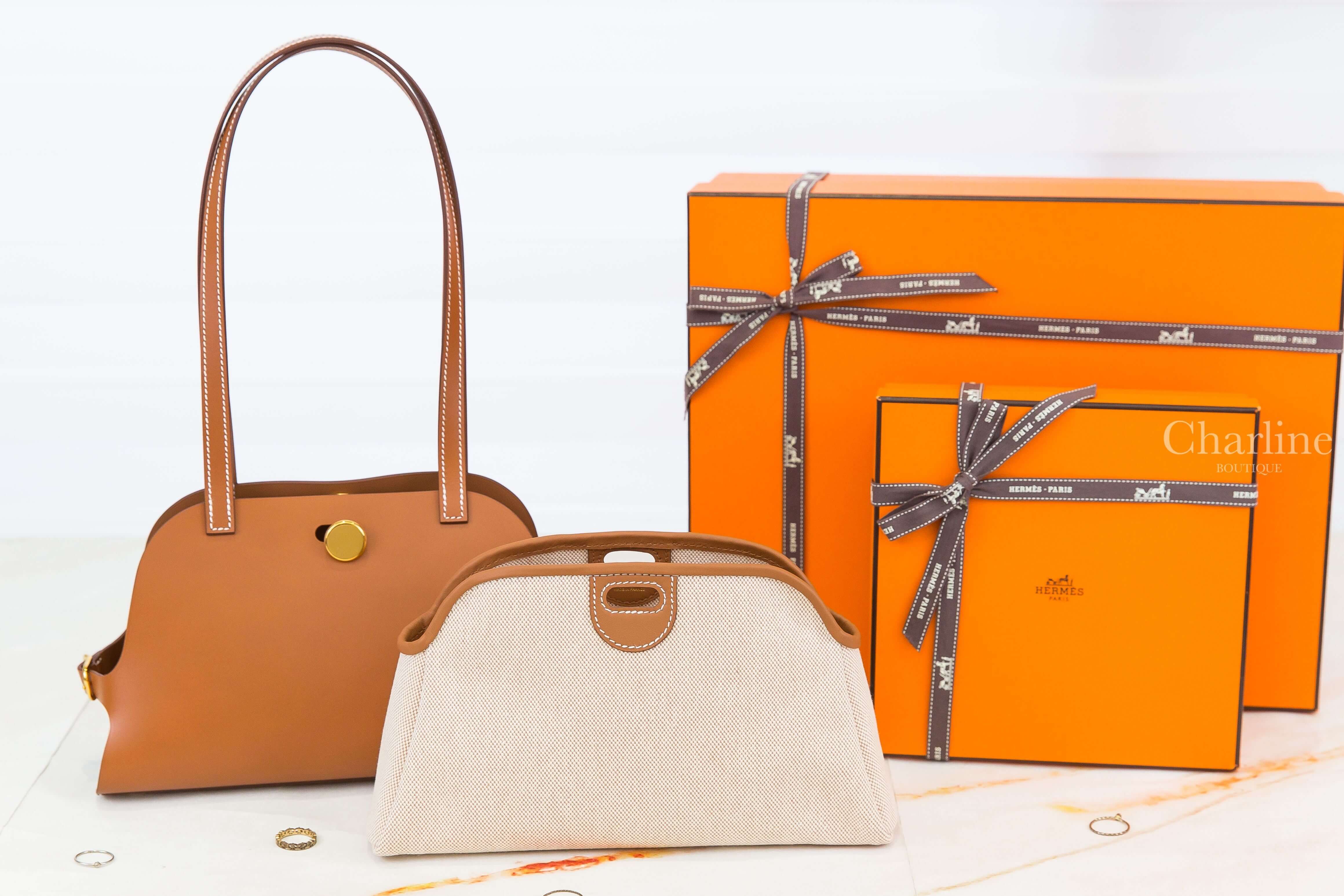 Hermès Tablier Sellier Bag 37 Gold Swift / Canvas 焦糖色金釦可拆式淡褐色/米白色/米色帆布內袋手提肩背包-Charline Boutique 精品代購