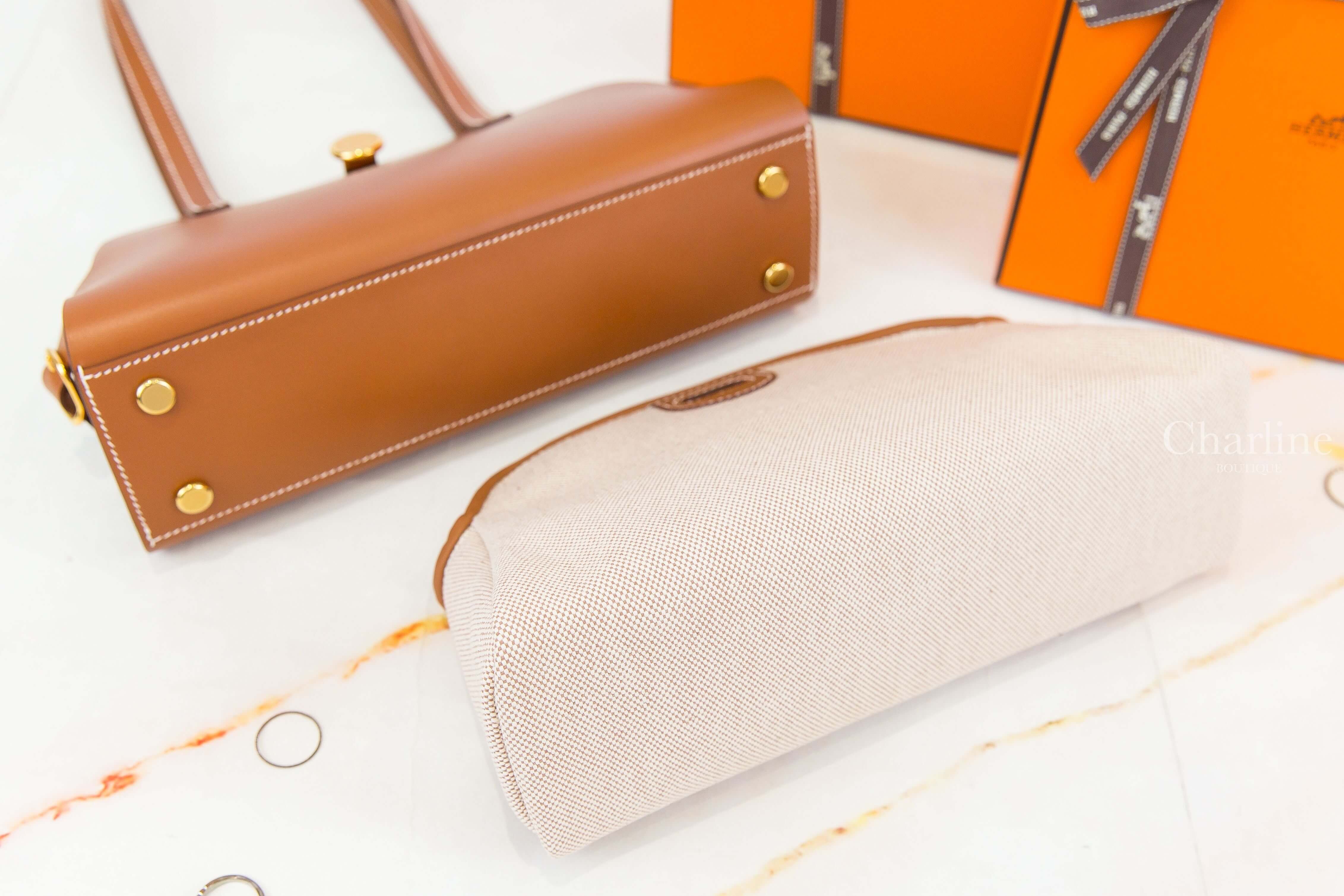 Hermès Tablier Sellier Bag 37 Gold Swift / Canvas 焦糖色金釦可拆式淡褐色/米白色/米色帆布內袋手提肩背包-Charline Boutique 精品代購