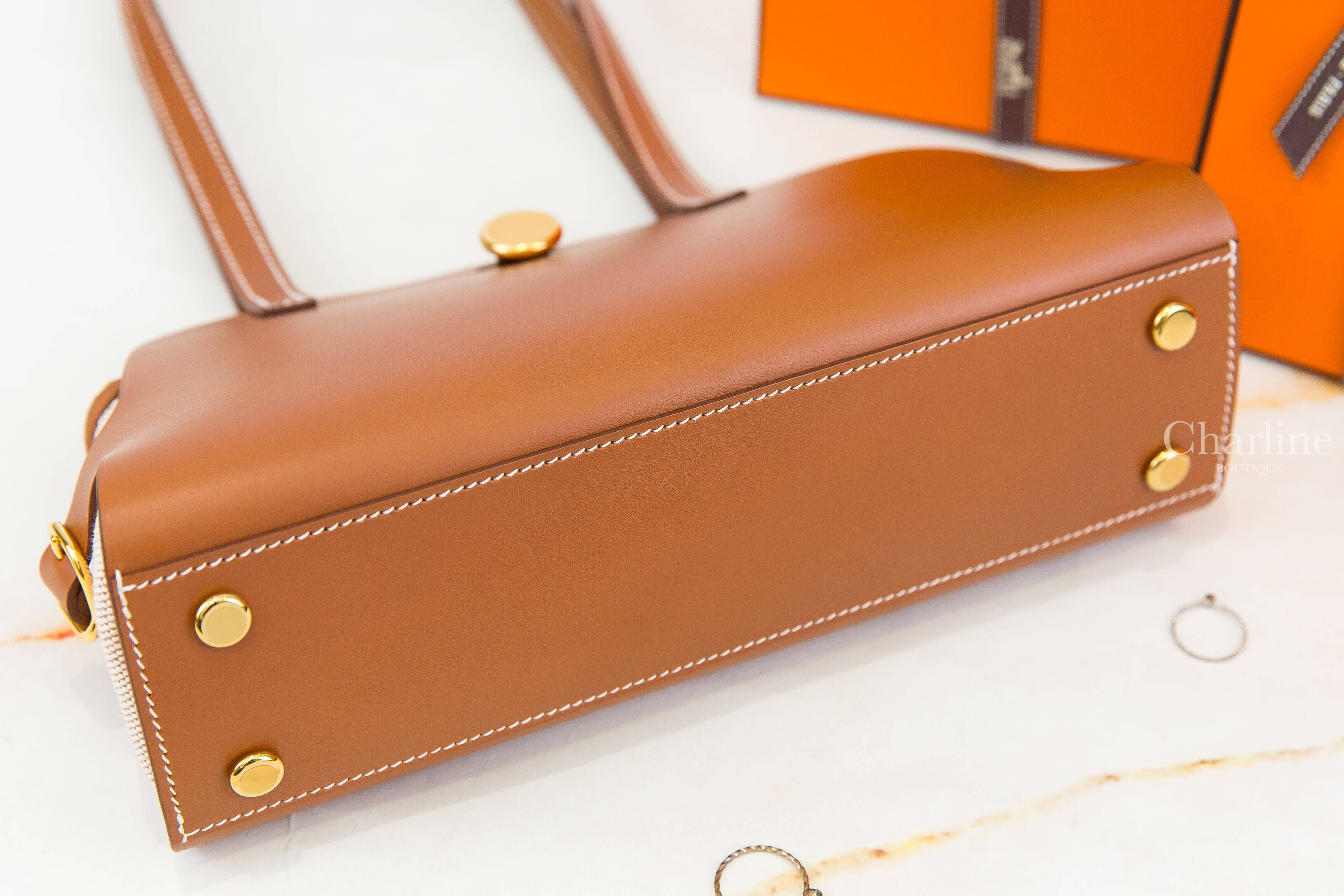 Hermès Tablier Sellier Bag 37 Gold Swift / Canvas 焦糖色金釦可拆式淡褐色/米白色/米色帆布內袋手提肩背包-Charline Boutique 精品代購