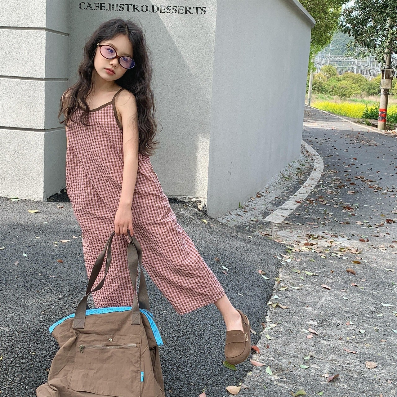 氣質跳色滾邊口袋格子吊帶褲 ꕀꕀꕀ