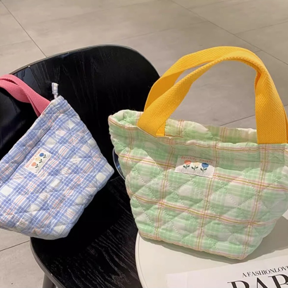 《6634》少女小花格紋保溫便當袋