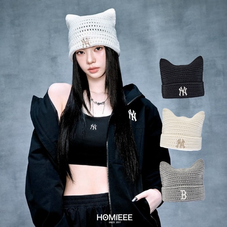 MLB Beanie 毛帽 貓耳 針織款 KARINA 劉知珉 韓國 黑色 米白 灰色