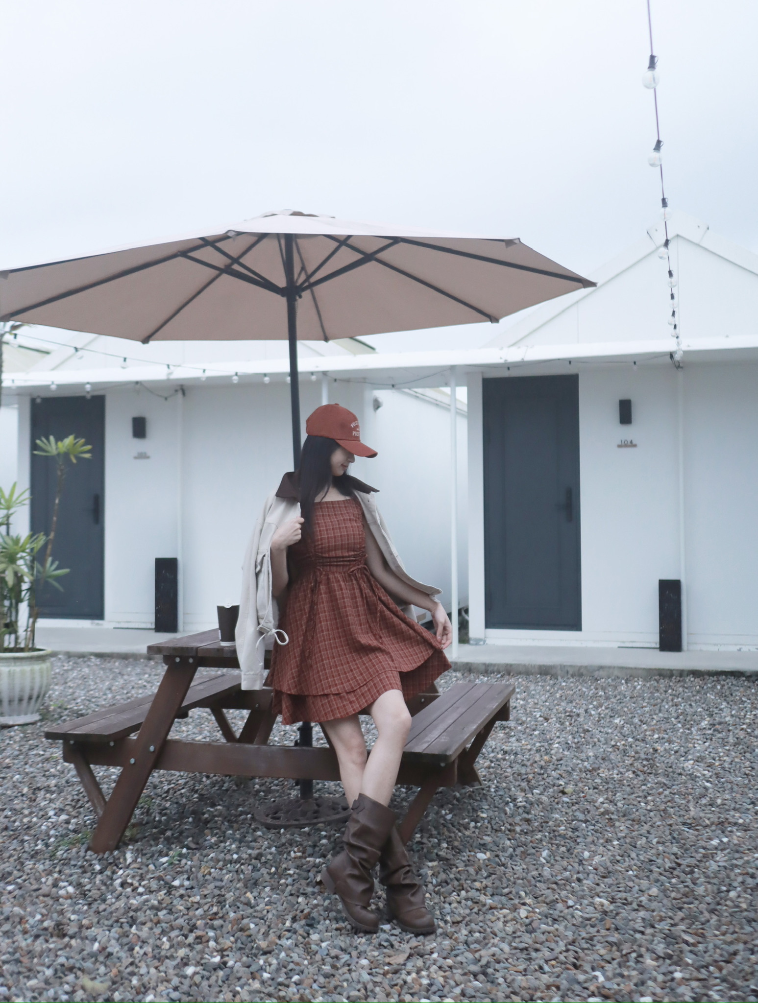 抓皺綁帶 格紋蛋糕短洋