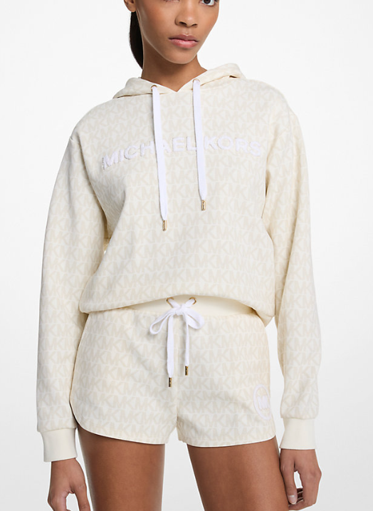 [S] MICHAEL KORS BONE SIGNATURE LOGO COTTON BLEND CROPPED HOODIE, JT551S2JHM-BONE (SMK1364)