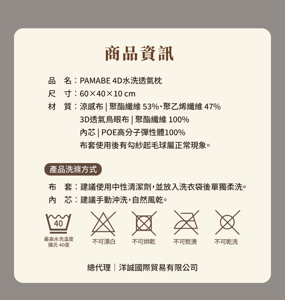 詳細商品資訊與洗滌方式，標示尺寸為 $60 \times 40 \times 10$ cm，並提醒布套建議放入洗衣袋弱洗，內芯建議手動沖洗