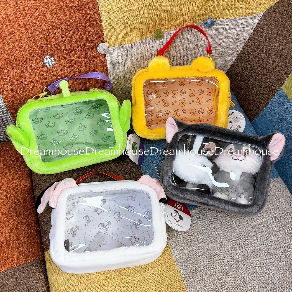 迪士尼 小熊維尼 三眼怪 101忠狗 費加洛 絨毛 娃娃收納包 娃包 手提包 透明包 小物包 收納包 化妝包