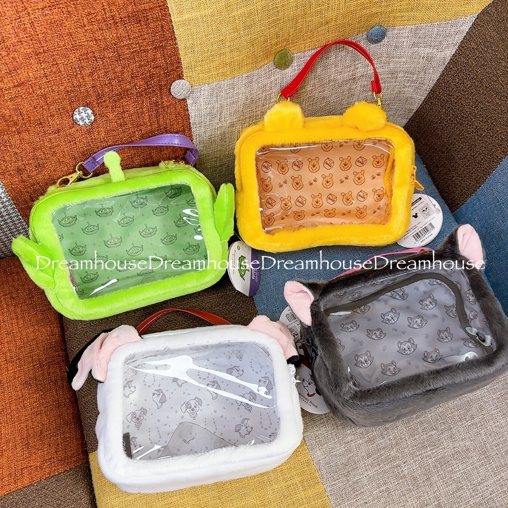 迪士尼 小熊維尼 三眼怪 101忠狗 費加洛 絨毛 娃娃收納包 娃包 手提包 透明包 小物包 收納包 化妝包