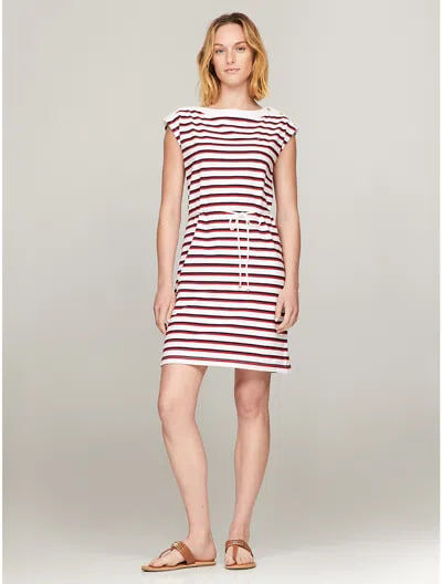 [S] TOMMY HILFIGER OPTIC WHITE BELTED STRIPE TSHIRT DRESS, XW05439-100 (STH1289)