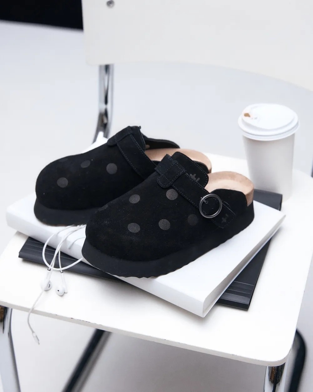 <全網最低>韓國 OTZ 圓點 點點 厚底 麂皮 懶人鞋 厚底 勃肯鞋 黑色