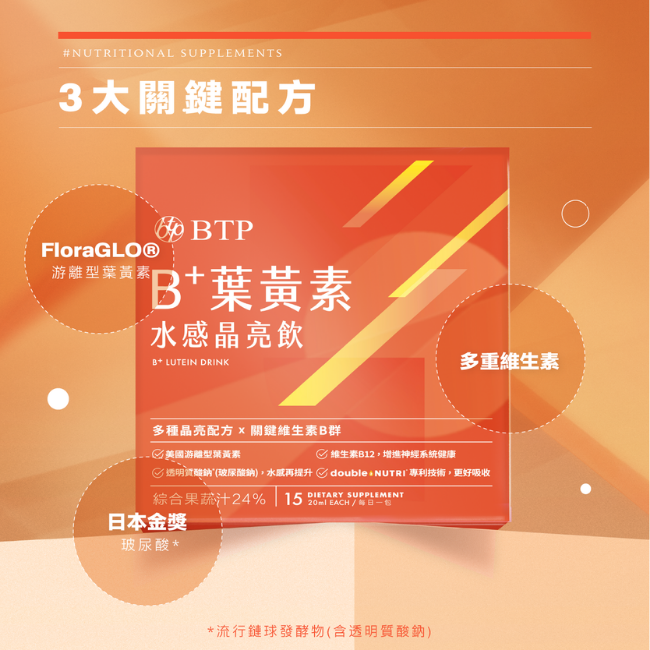 3大關鍵配方,BTP,FloraGLO®,游離型葉黃素,B+葉黄素水感晶亮飲,LUTEIN,DRINK,多重維生素,日本金獎,玻尿酸,維生素B群,流行鏈球發酵物,含透明質酸鈉,