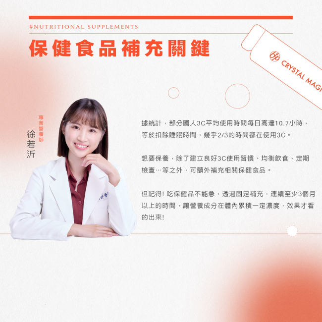 保健食品補充關鍵,部分國人3C平均使用時間每日高達10.7小時,等於扣除睡眠時間,幾乎2/3的時間都在使用3C,吃保健品不能急,透過固定補充,連續至少3個月 以上的時間,讓營養成分在體內累積一定濃度,效果才看的出來,專業營養師,徐若沂