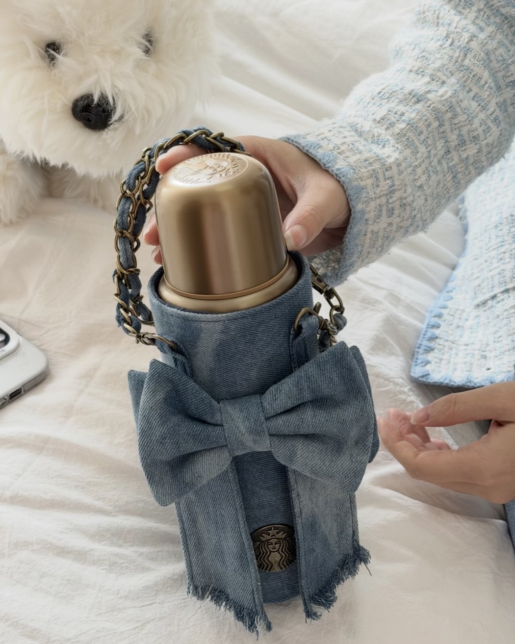 <超限量>STARBUCKS 星巴克 COFFEE WORK 丹寧 鏈條 蝴蝶結杯袋 保溫杯 460ML