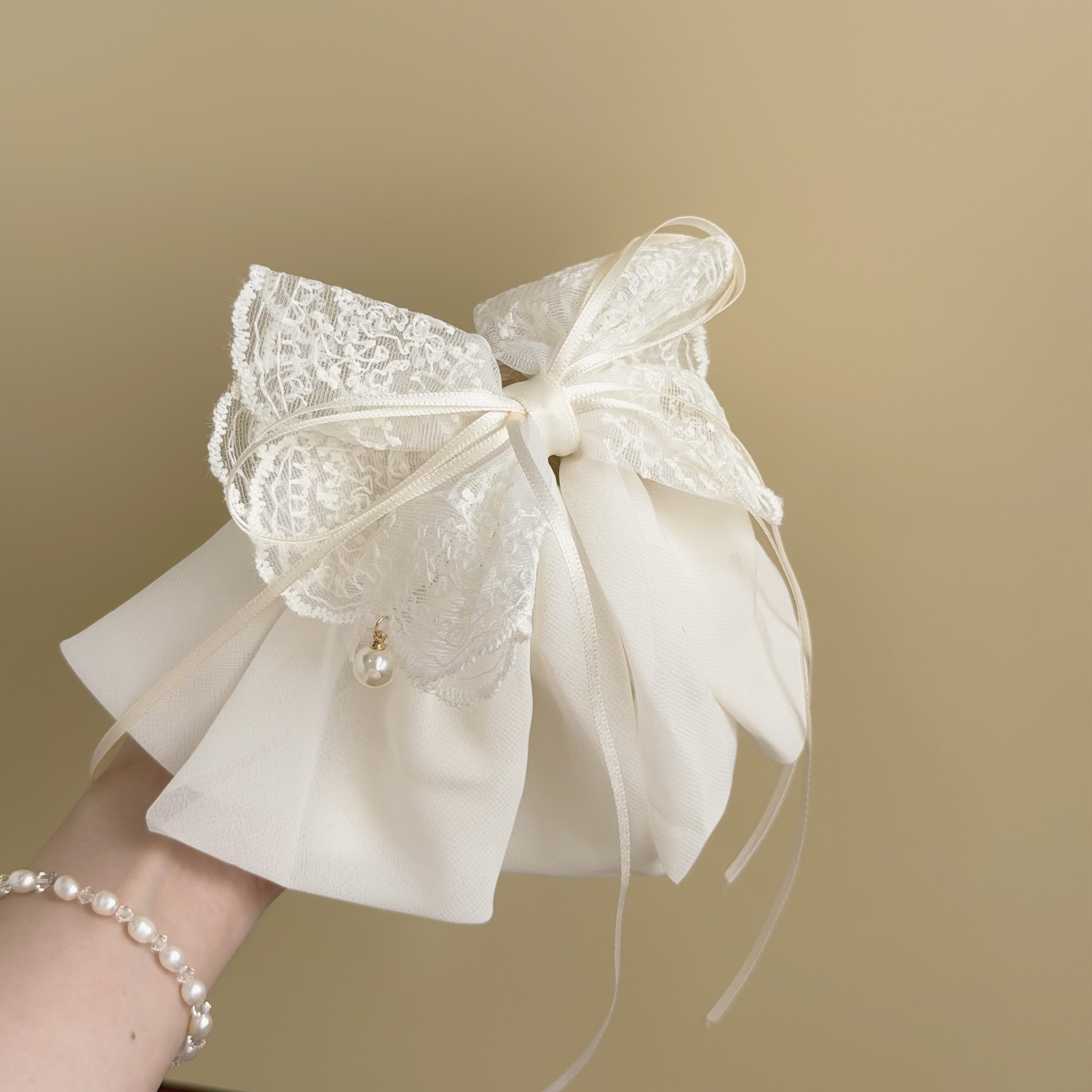 L161蕾絲珍珠網紗蝴蝶結半頭夾