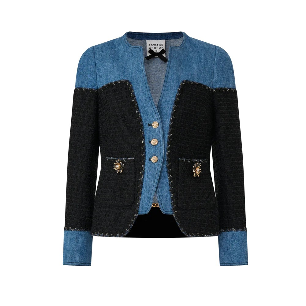 1EA0408-003 [EDWARD ACHOUR] Mixed-Media Denim and Black Boucle Jacket Black/Denim #100115/1013 (EU)