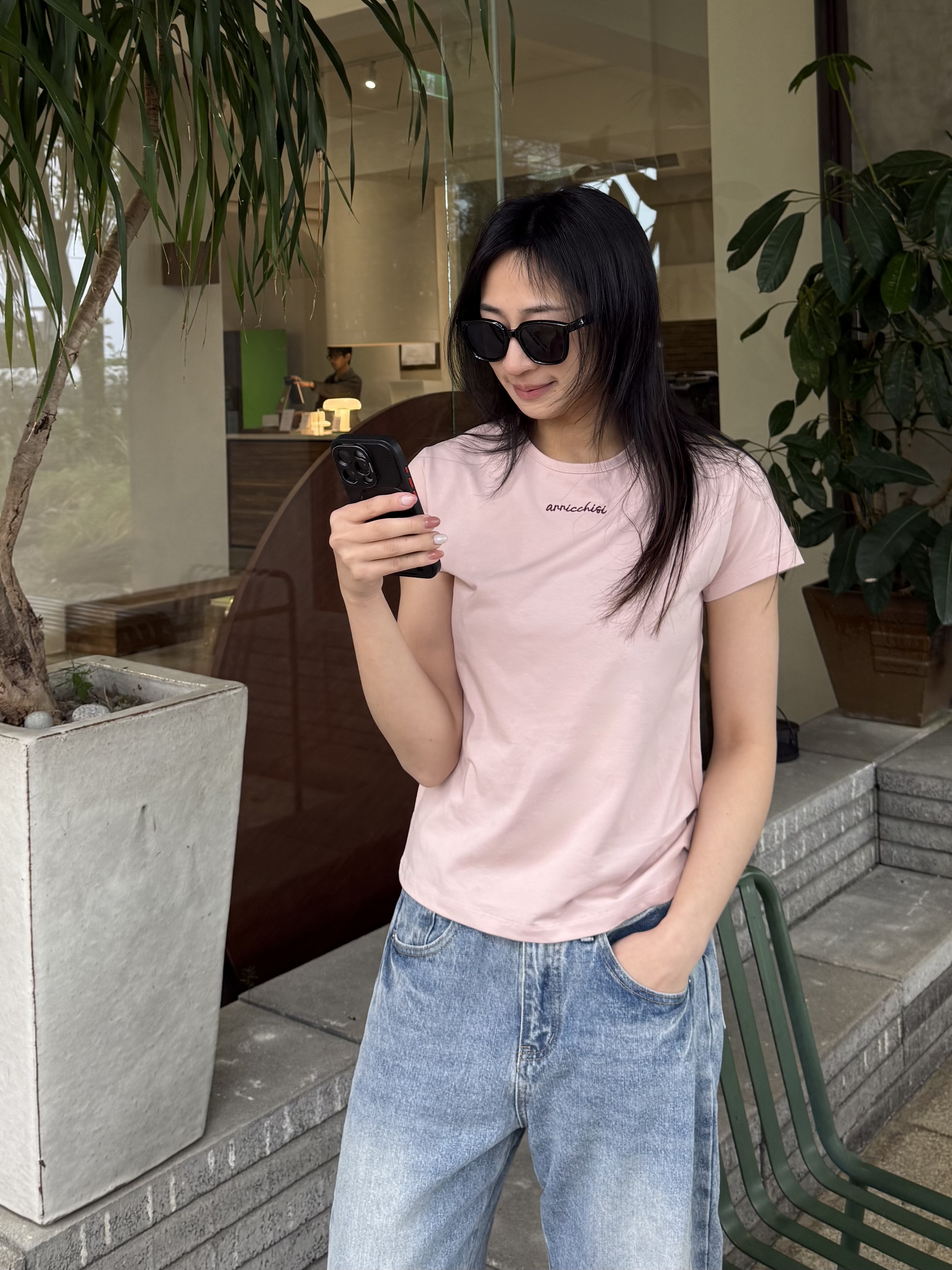 韓國棉 英字刺繡素色短T-shirt