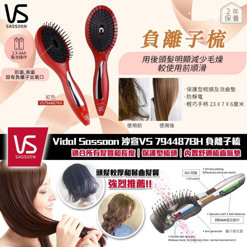 【預購】FF031870 Vidal Sassoon 負離子梳 VS794487RH (加送小巧萬用造型梳)