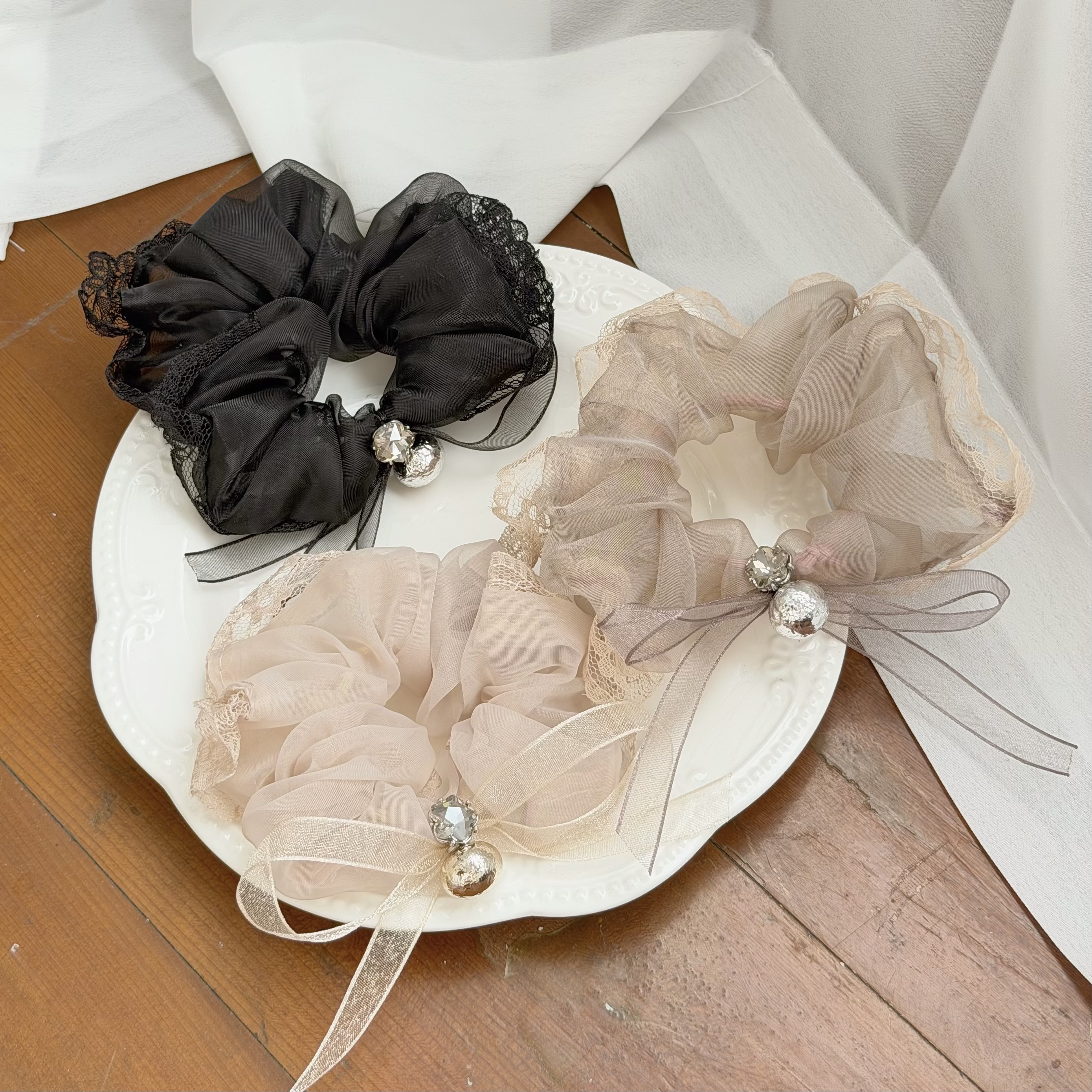 T185銀珠網紗蕾絲大腸髮圈