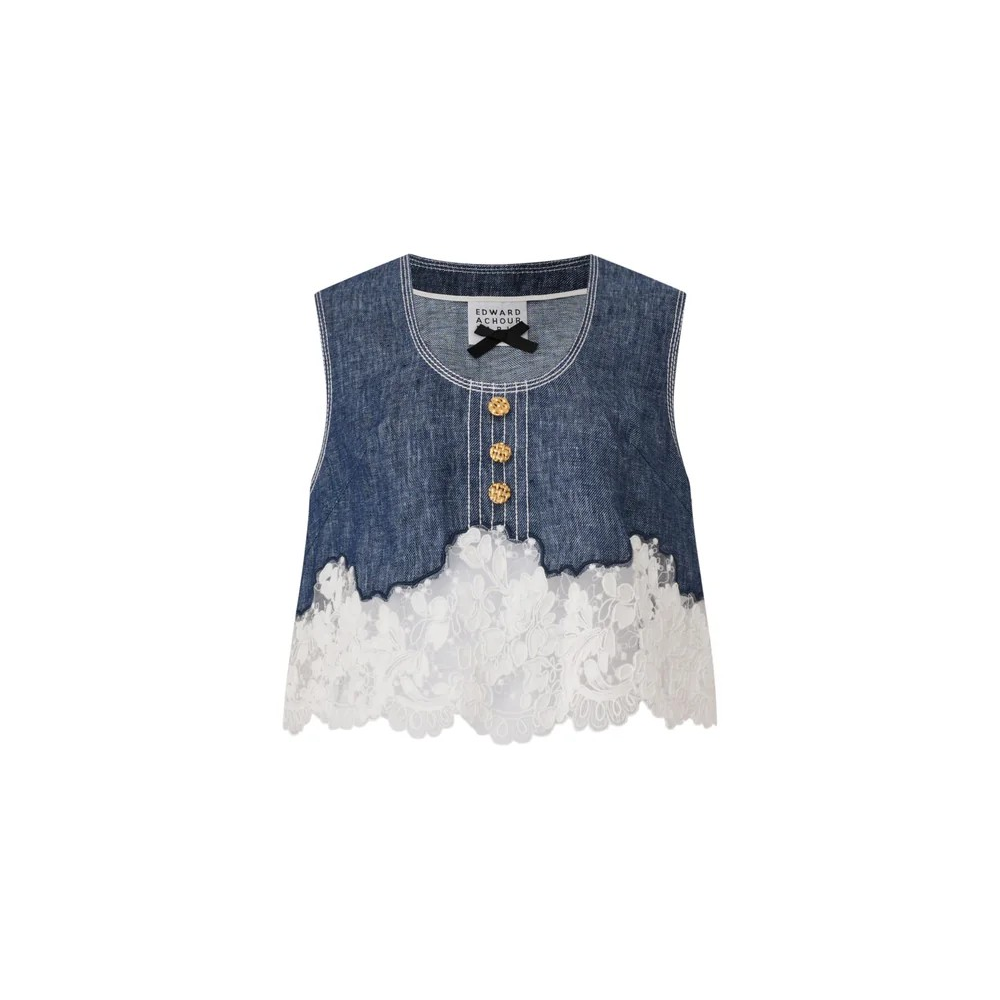1EA0408-006 [EDWARD ACHOUR] Cropped Denim & Guipure Lace Top Denim #100702/1029 (EU)
