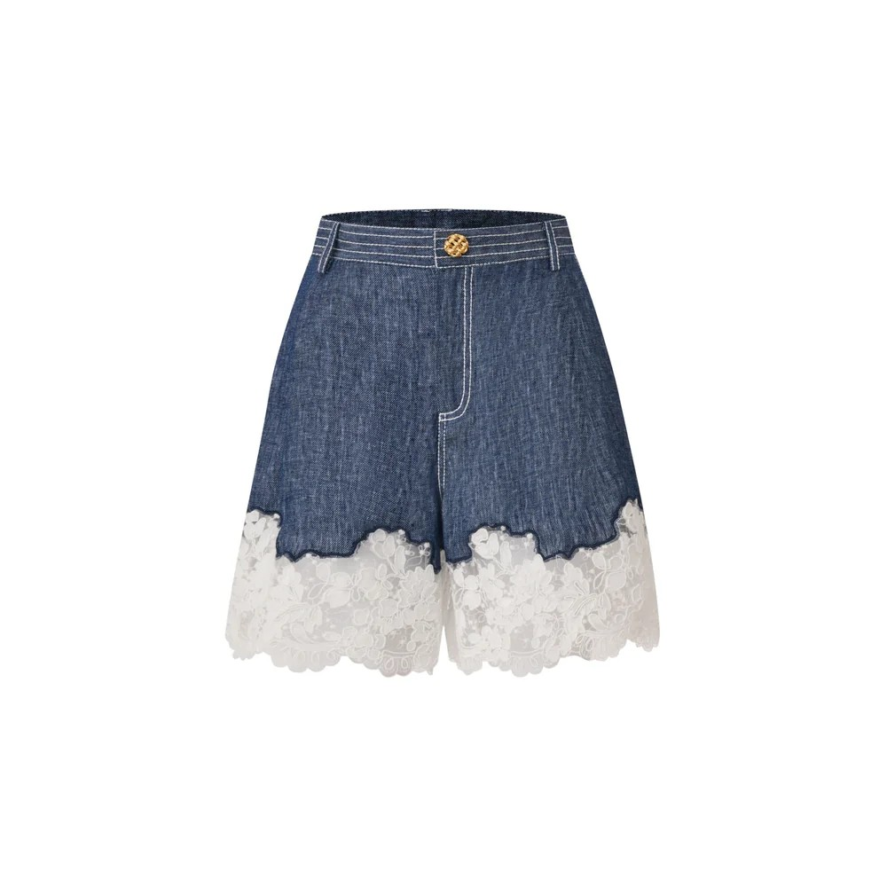 1EA0408-007 [EDWARD ACHOUR] Lace-Trim Linen Shorts Denim #101002/1029 (EU)