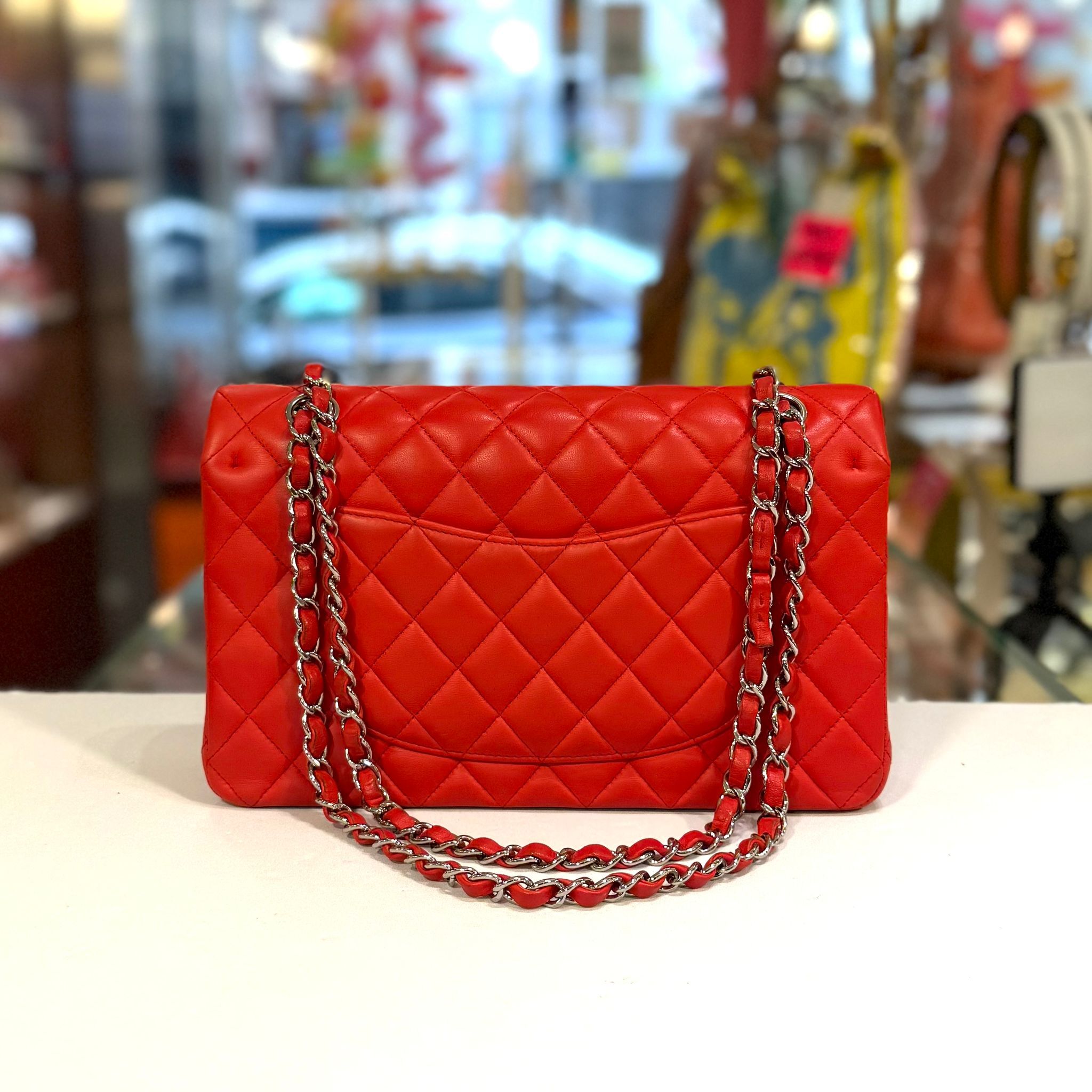 98%NEW二手CHANEL CLASSIC FLAT BAG CF25,CF26,紅色羊皮銀扣@224 #香榭站正品