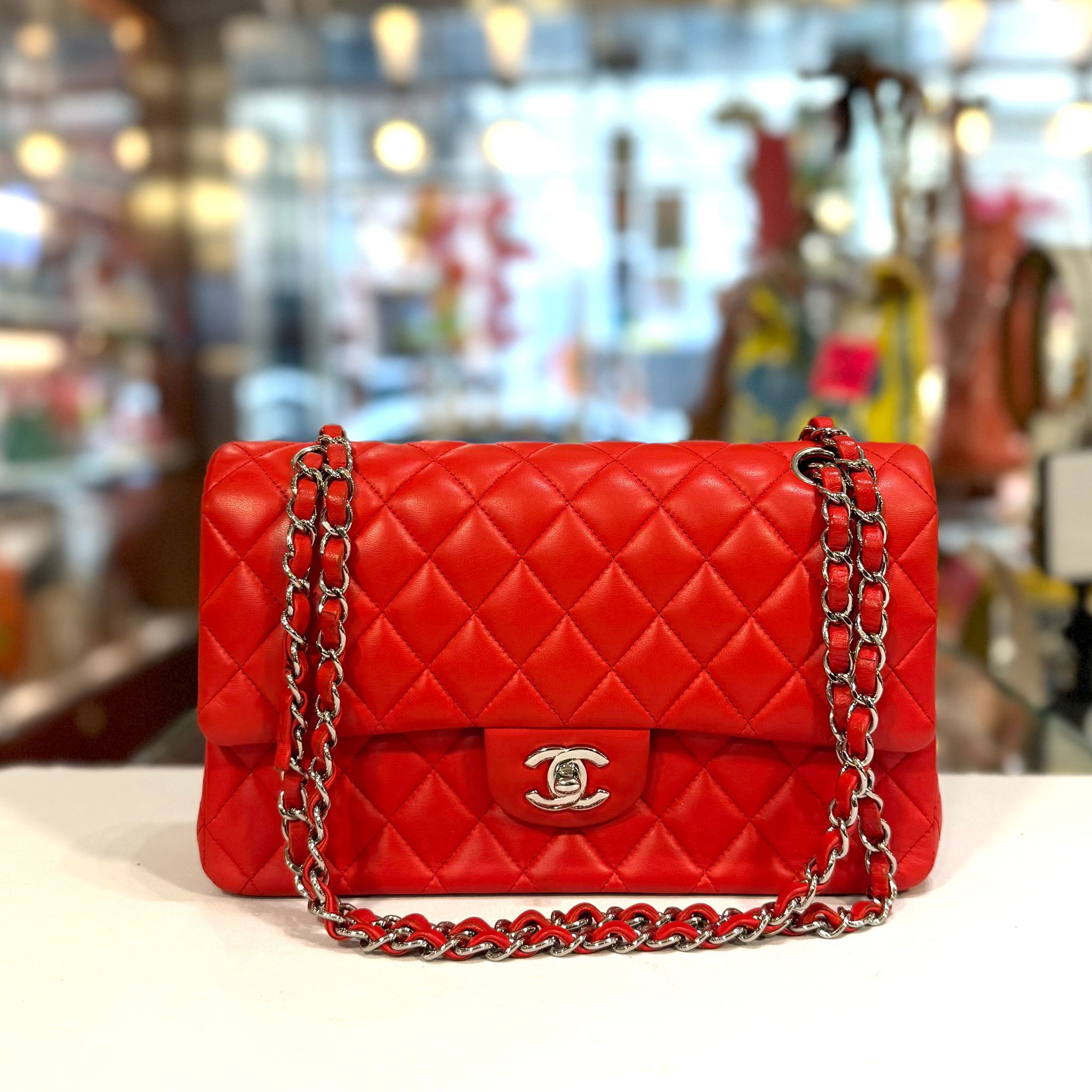 98%NEW二手CHANEL CLASSIC FLAT BAG CF25,CF26,紅色羊皮銀扣@224 #香榭站正品