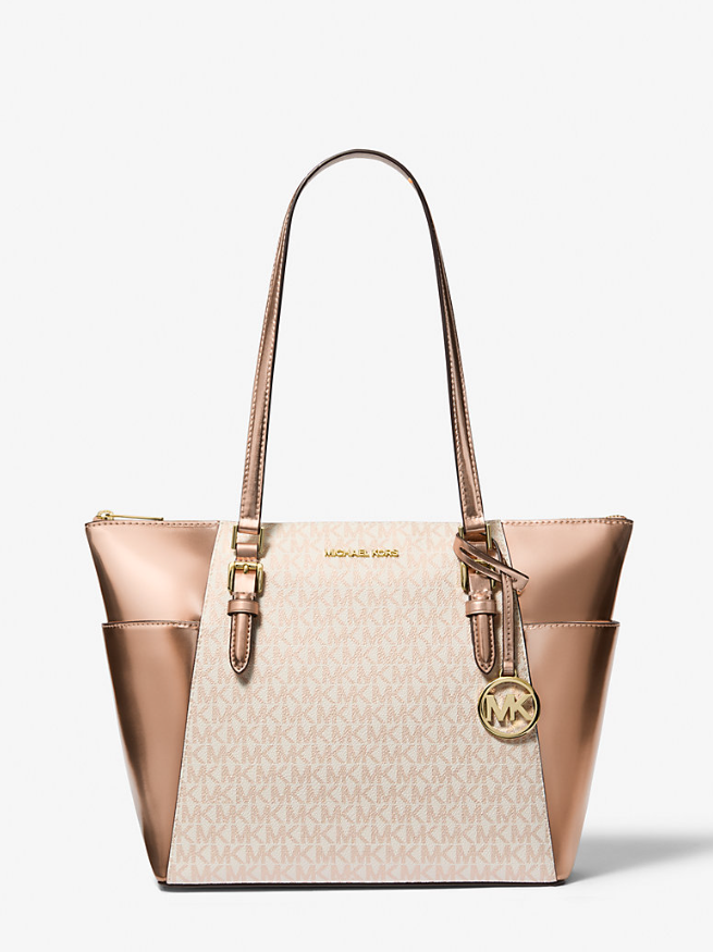 [S] MICHAEL KORS 35F4GCFT3V CHARLOTTE LARGE SIGNATURE LOGO AND METALLIC TOP-ZIP TOTE BAG,ROSE GOLD, 197853077072 (SMK1074)