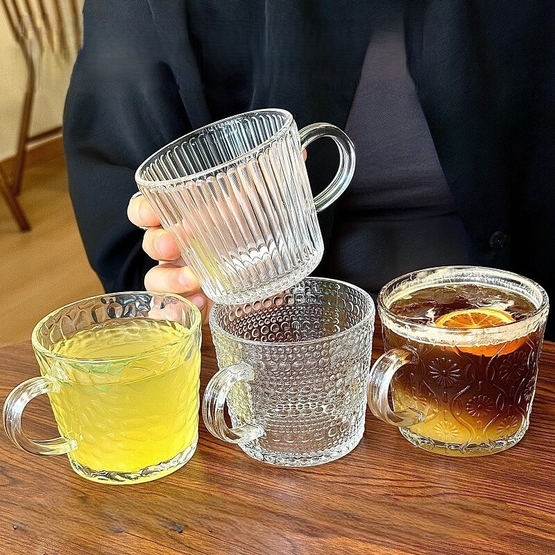 《6644》高級感把手浮雕玻璃杯250ml