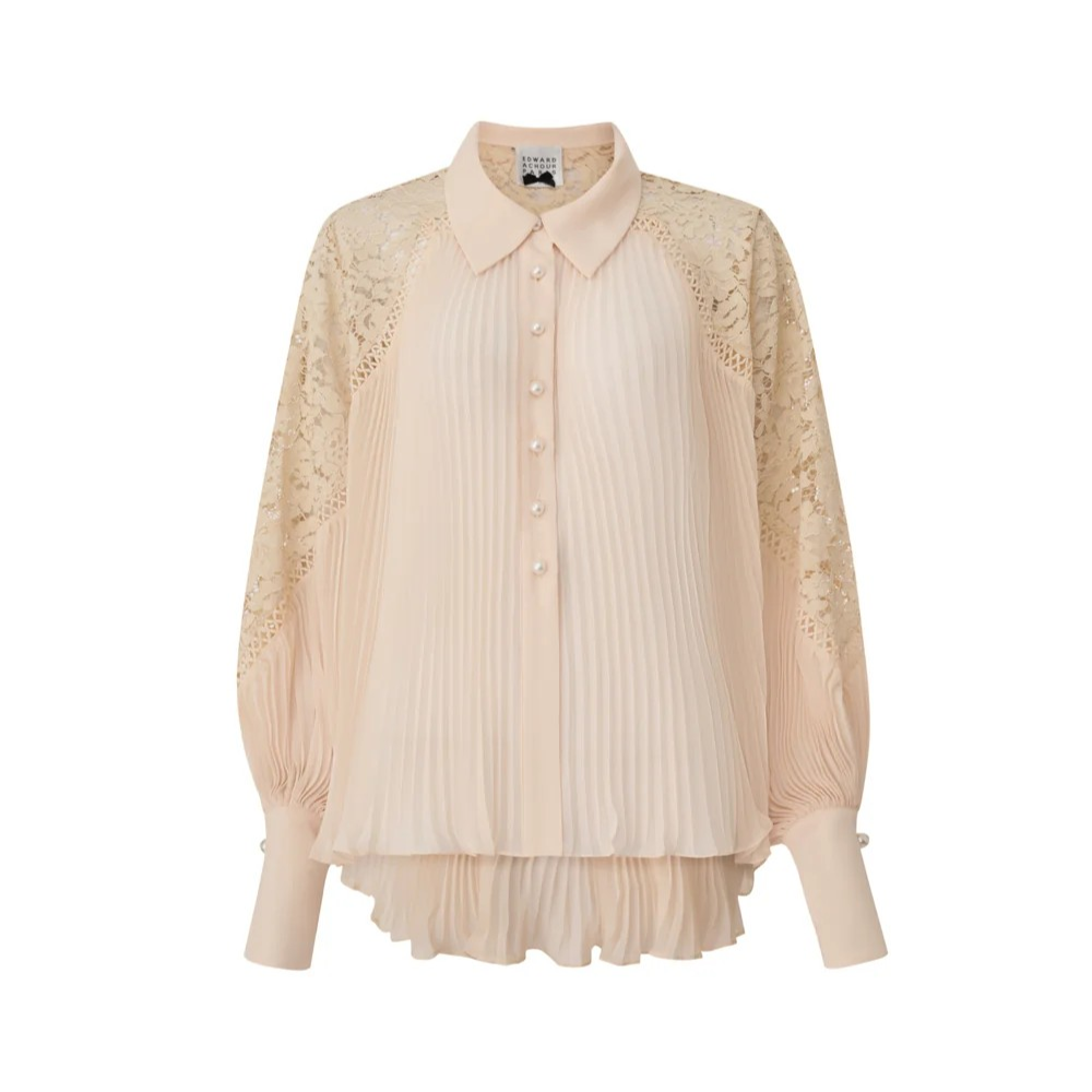 1EA0408-011 [EDWARD ACHOUR] Intricate Lace-Sleeve Pleated Blouse Beige #100615/1027 (EU)