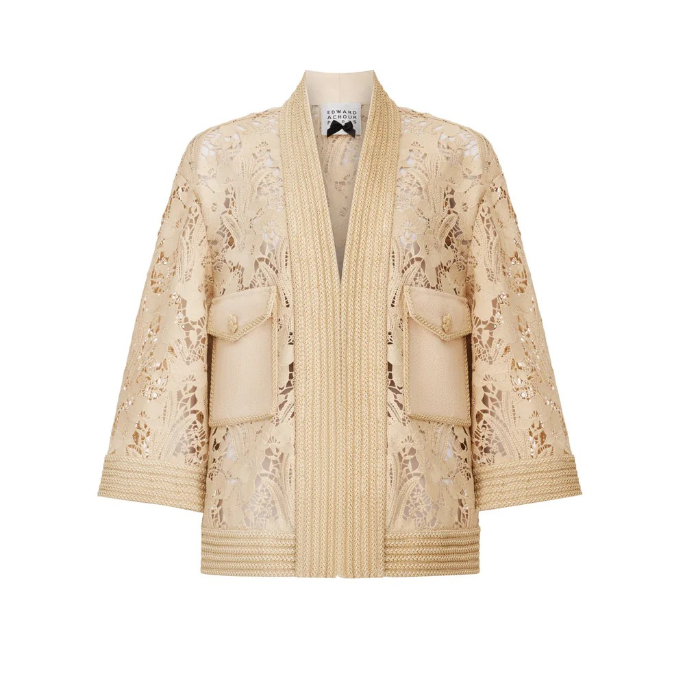 1EA0408-013 [EDWARD ACHOUR] Sheer Floral Lace Boxy Jacket Beige #100130/1017 (EU)