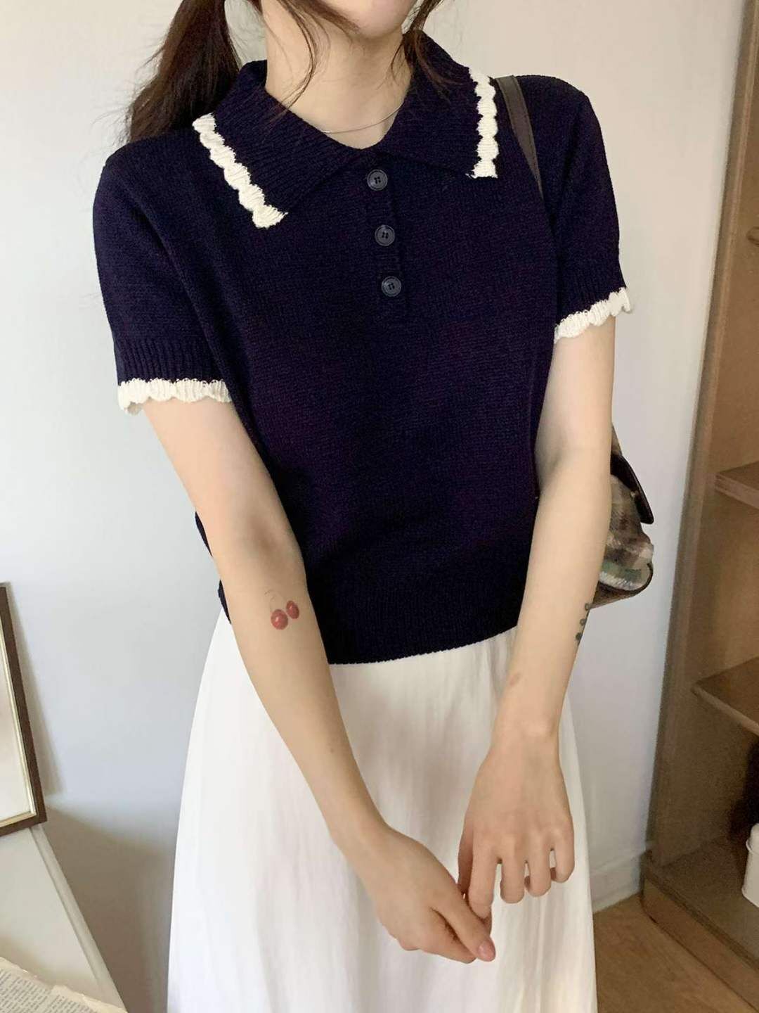 #13_撞色花邊針織POLO衫