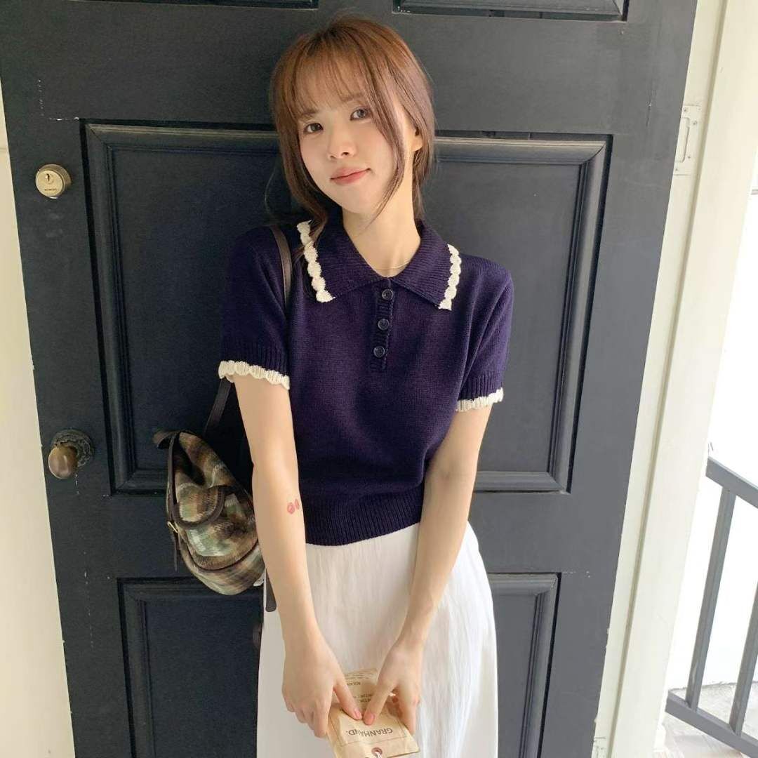 #13_撞色花邊針織POLO衫