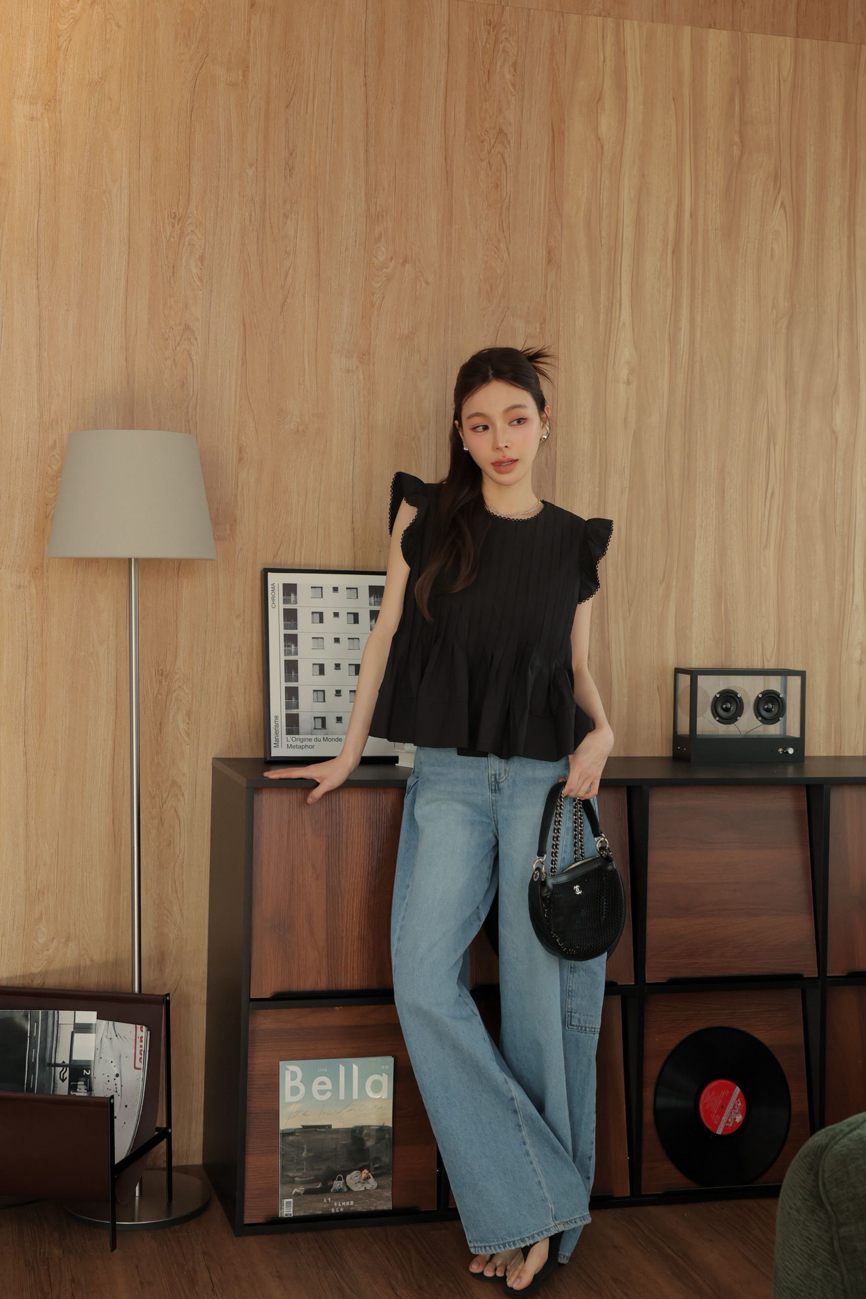 絕對高級打褶傘狀荷葉袖背心 HA61