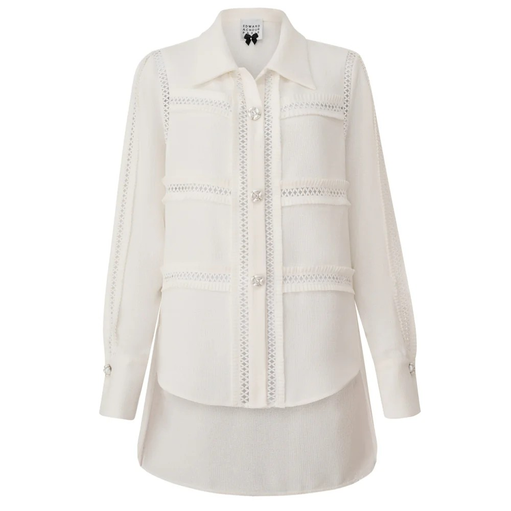 1EA0408-022 [EDWARD ACHOUR] Geometric Eyelet Mesh Blouse White #100613/1007 (EU)