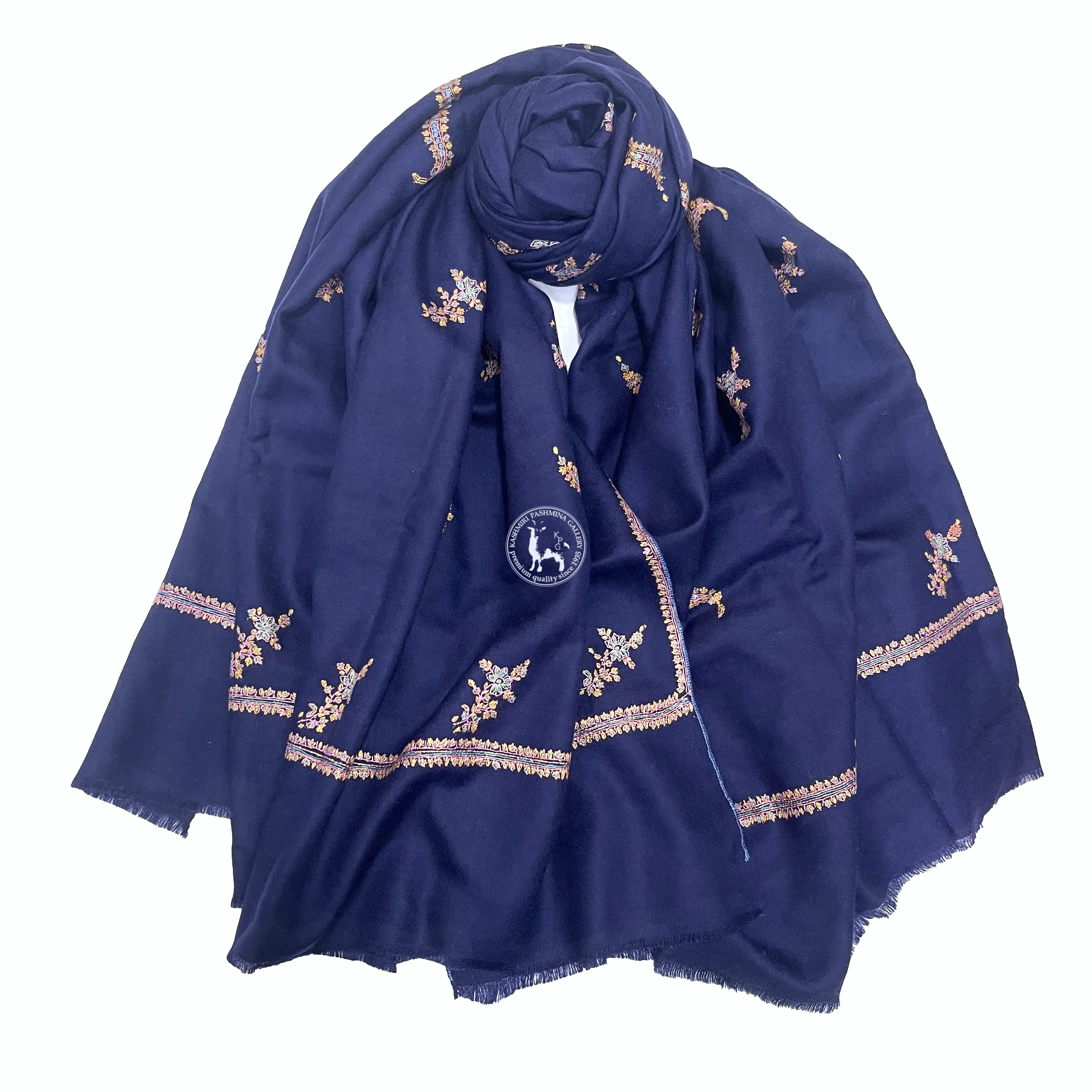 Navy Blue Sozni Embroidered Pashmina Shawl