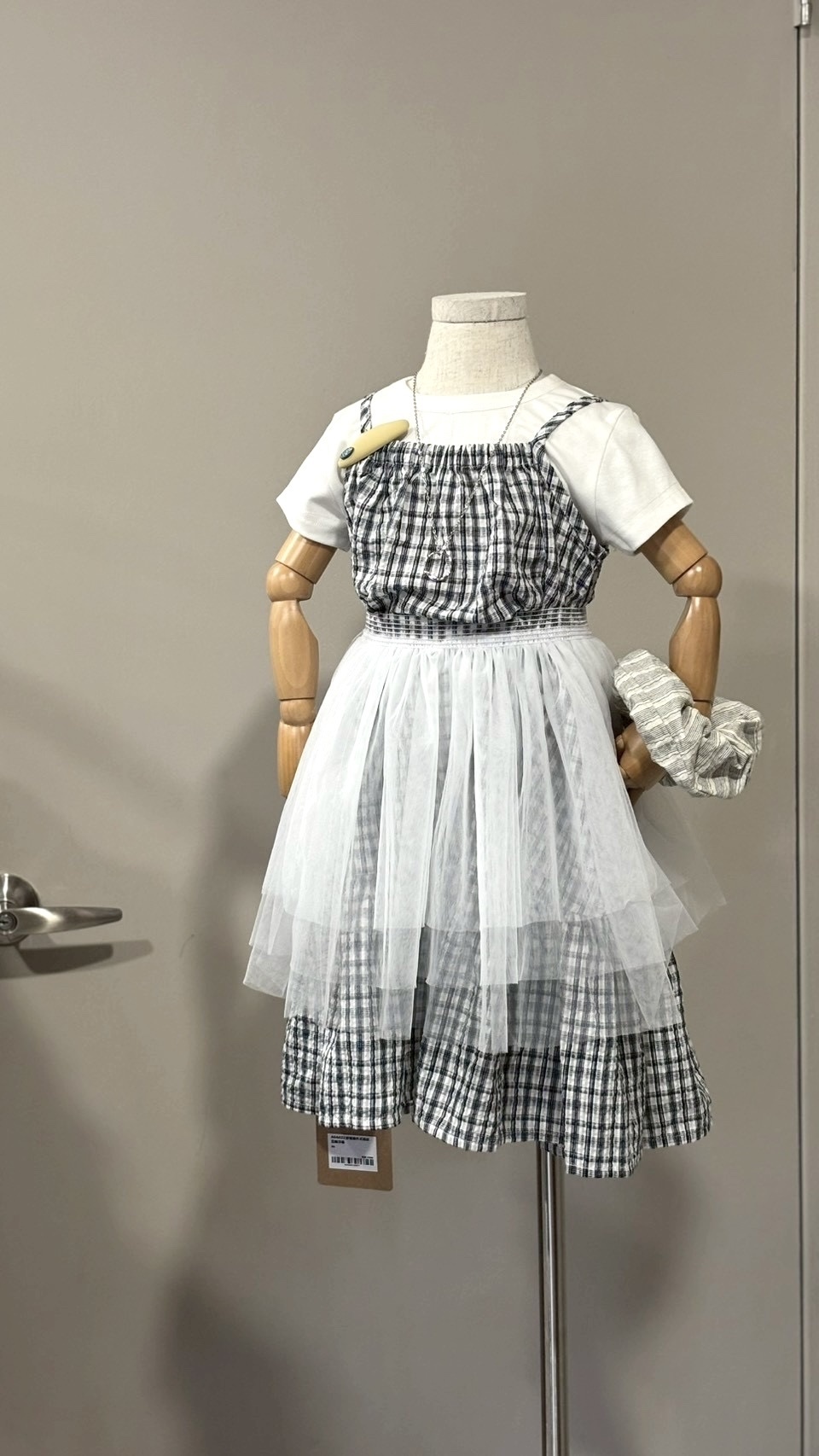 A04422紗裙兩件式格紋亞麻洋裝